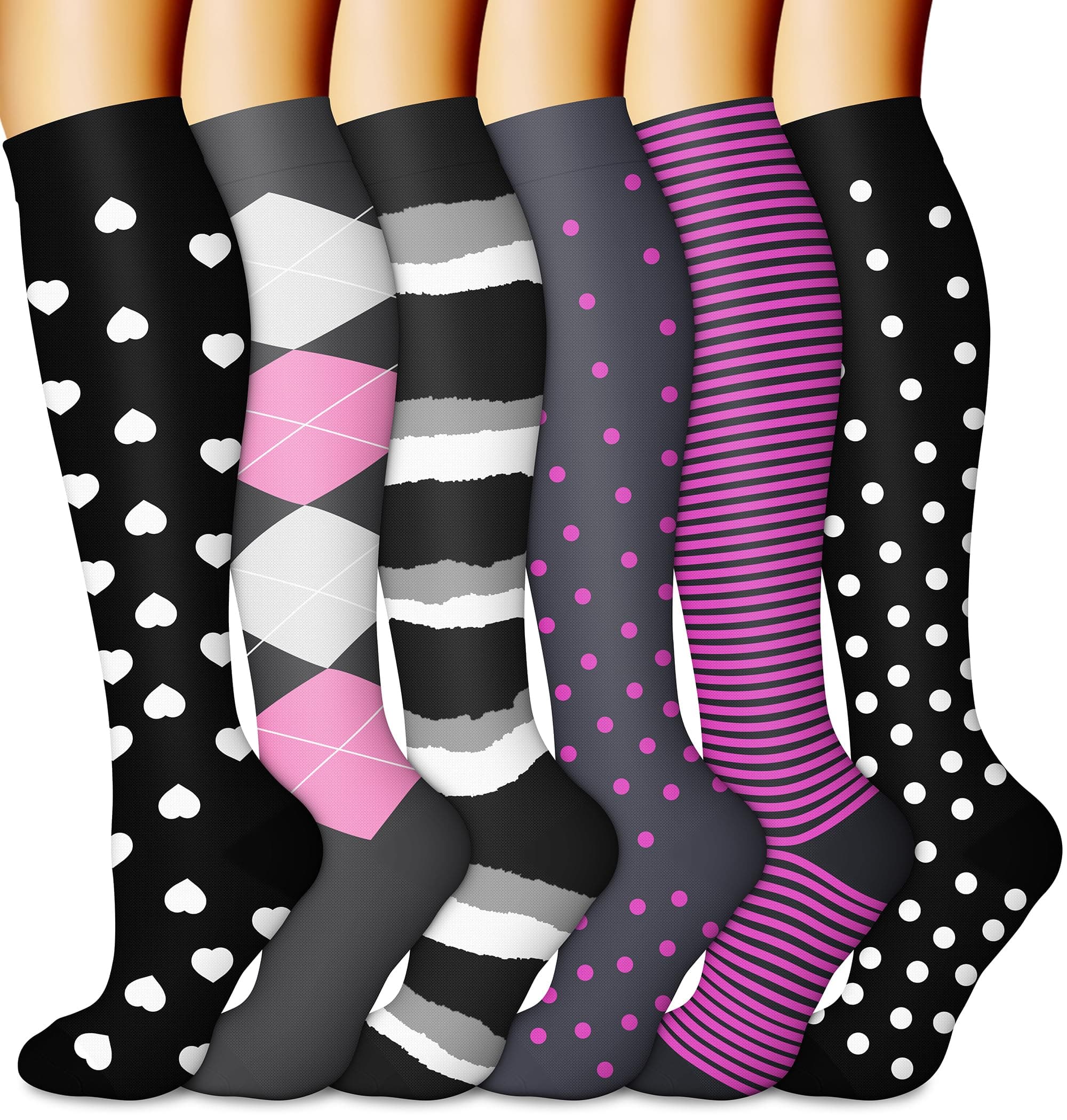 6 Pairs-Compression Socks for Women & Men Circulation Best Support for Nurses, Running, Athletic,Flight Travel