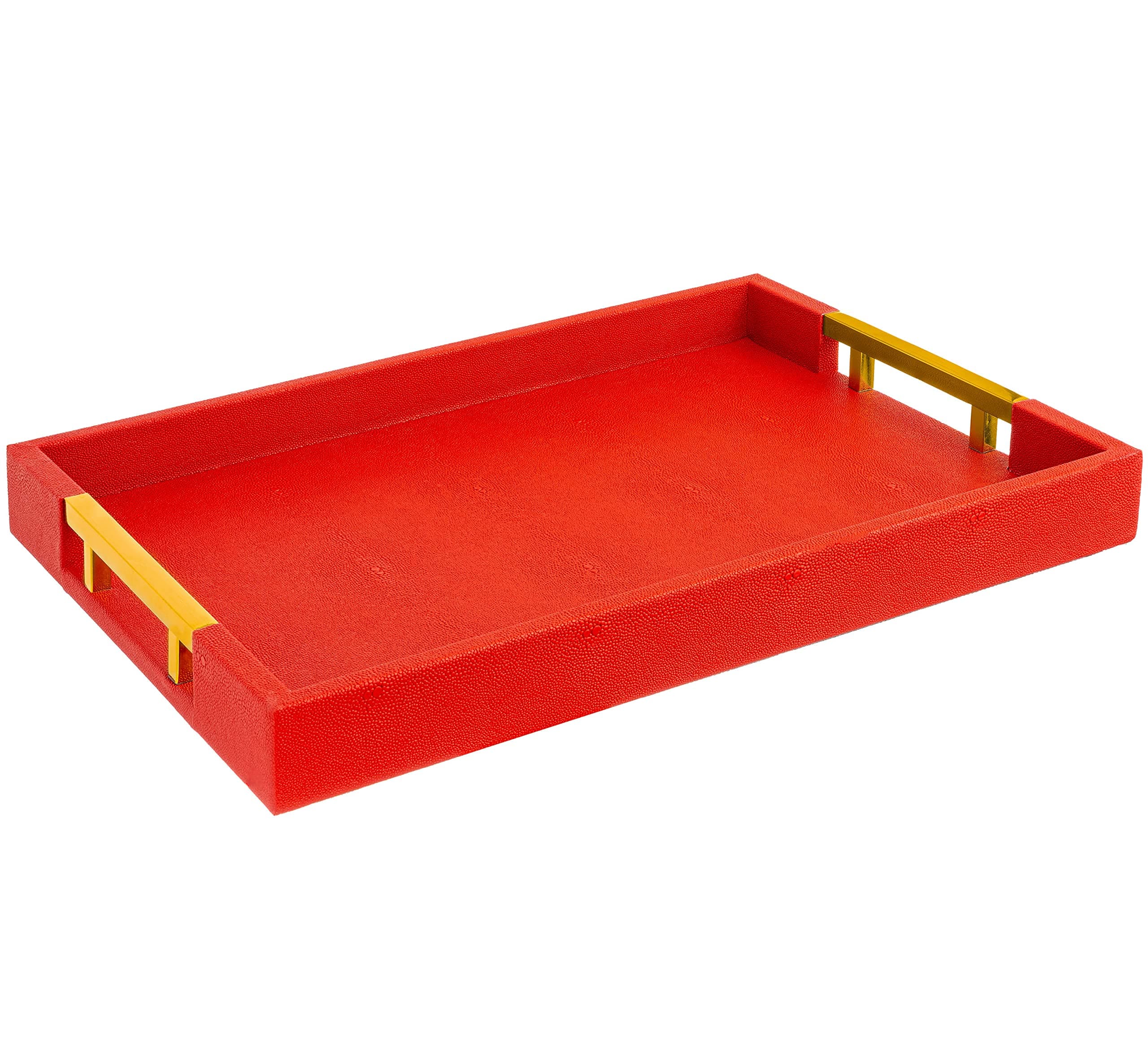 Modern Elegant 17.5"x12" Rectangle Red Shagreen Faux Leather Decorative Tray Ottoman Coffee Table Perfume Living Room Kitchen Serving Tray with Gold Polished Metal Handles by Home Redefined