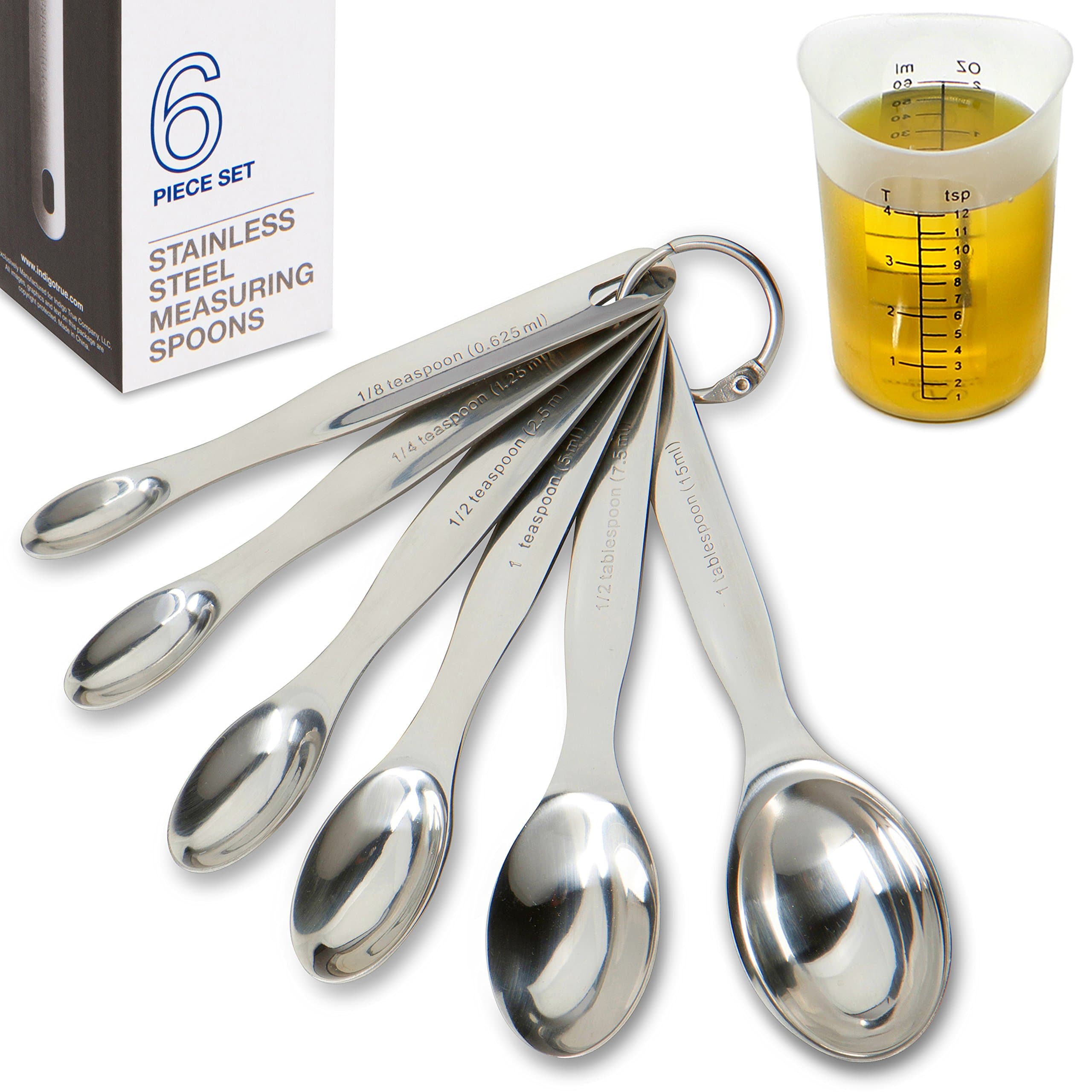 Stainless Steel Measuring Spoons Stackable - 6 pcs with FREE Flexible Mini Silicone Measuring Cup