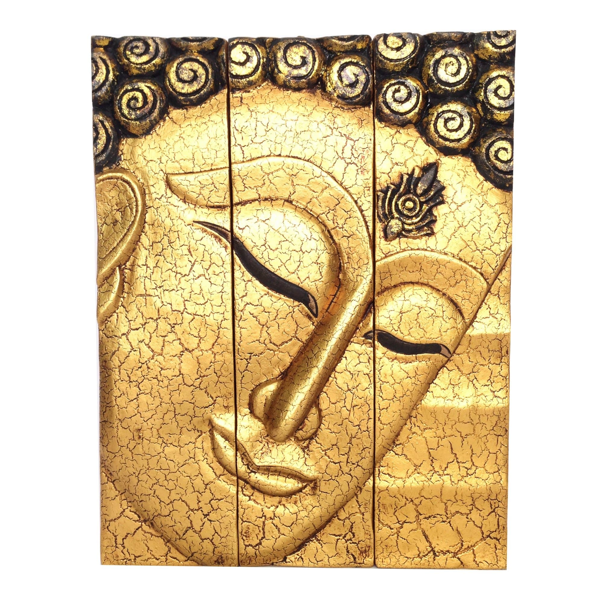 Hand Carved Buddha Face 3-Piece Panel Wall Décor, 16"L x 20"H x 1.5"W