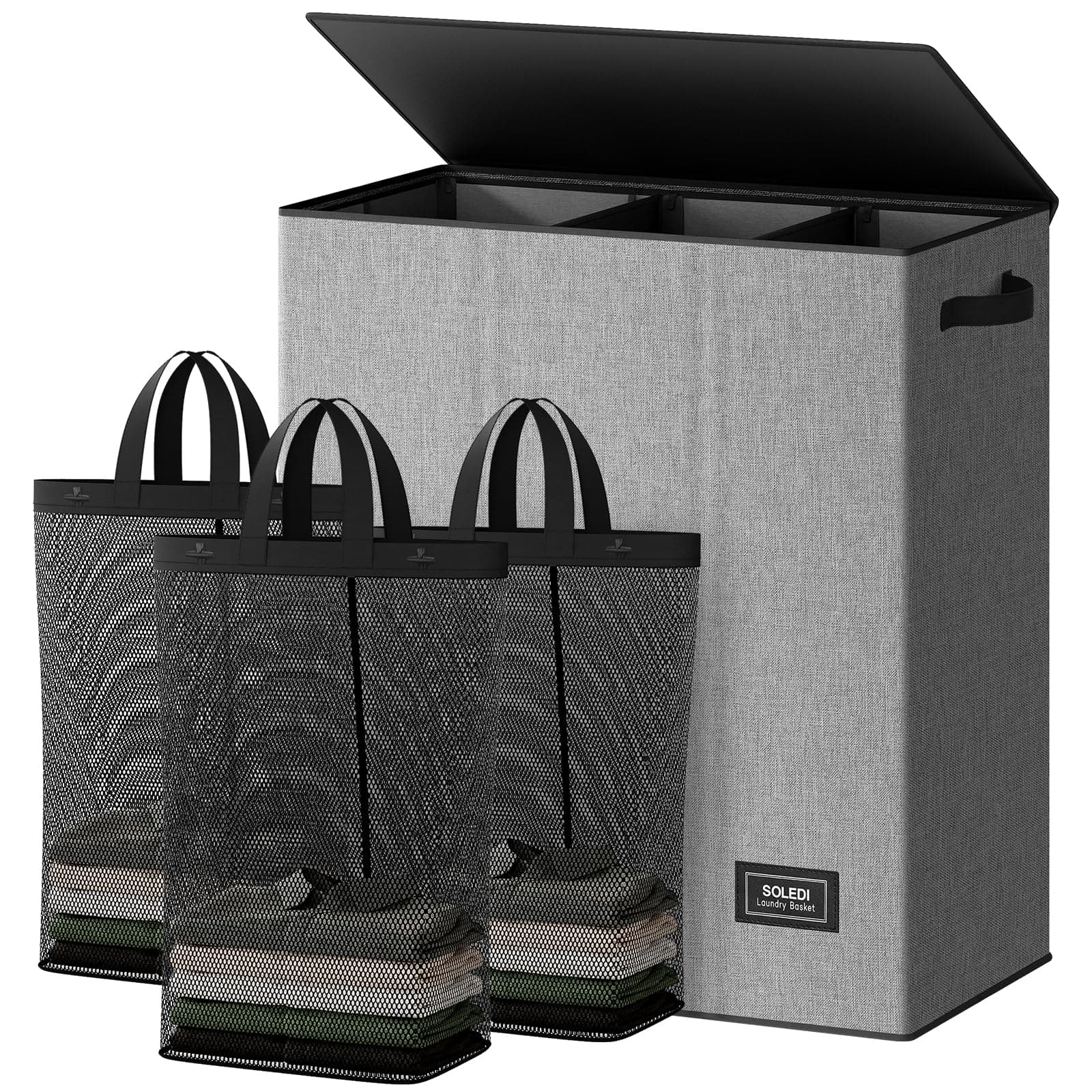 SOLEDI Laundry Basket 3 Section 160L Laundry Hamper with Lid Clothes Hamper Collapsible Washing Basket Bag, Foldable Washing Bin for Bedroom, Laundry room, Livingroom (Grey)