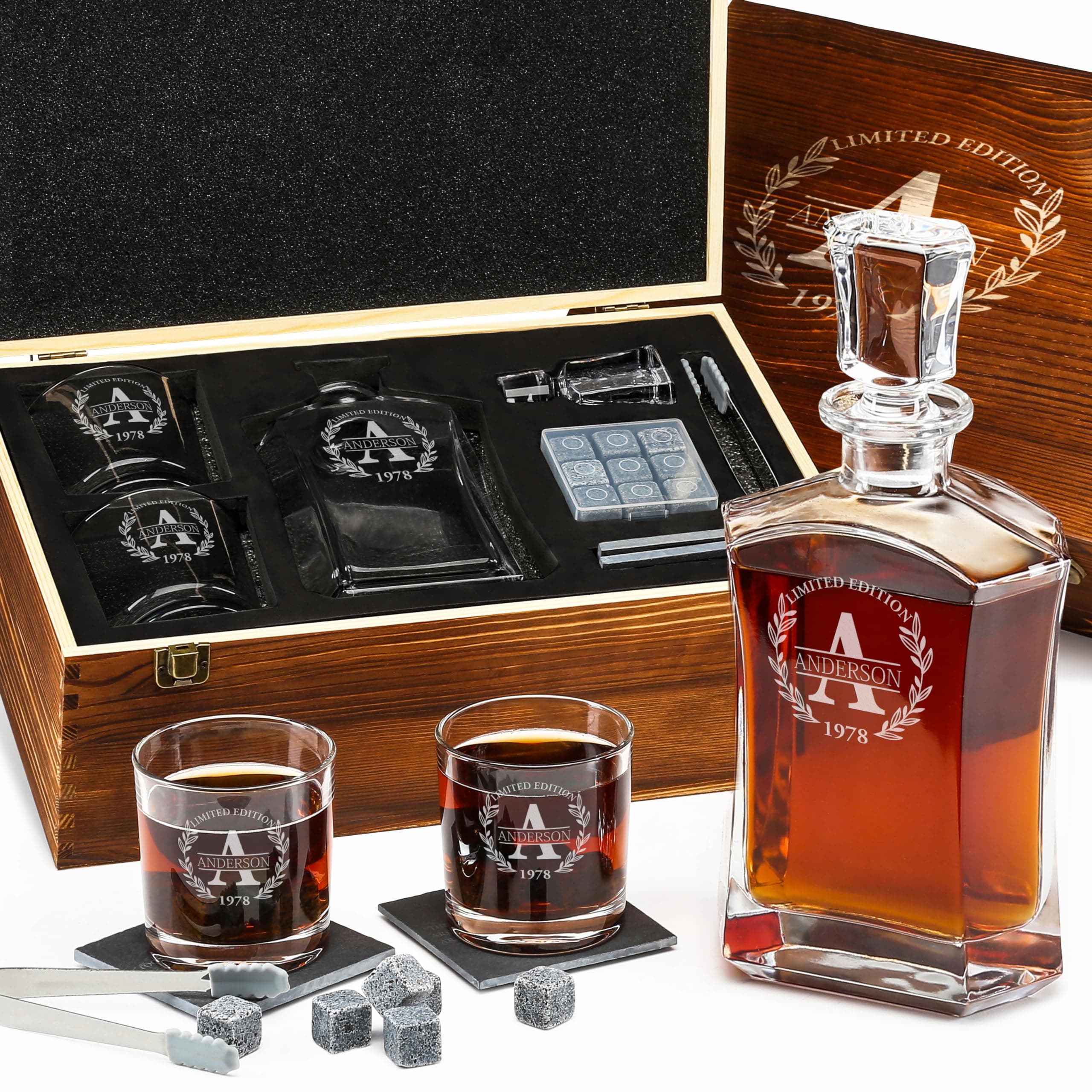 Personalized Whiskey Decanter and Stones Set - Customized Gift for Him - Men, Dad, Father - Engraved Old Fashioned Decanter, Glasses, 9 Granite Stones in Container, Coasters, Tongs in Wooden Gift Box