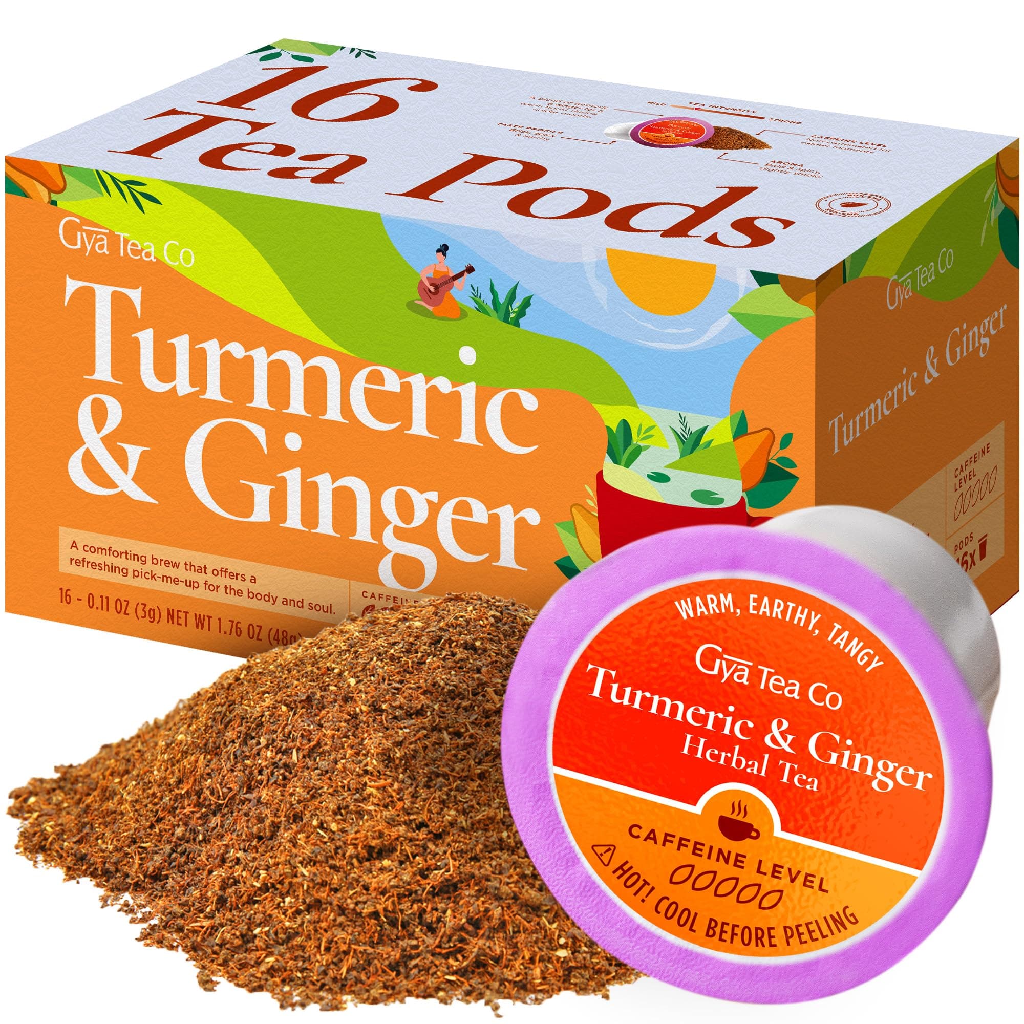 Gya Tea Co Turmeric Ginger Herbal Pod (16 ct) - Decaf Wellness for Body Comfort & Digestion Health