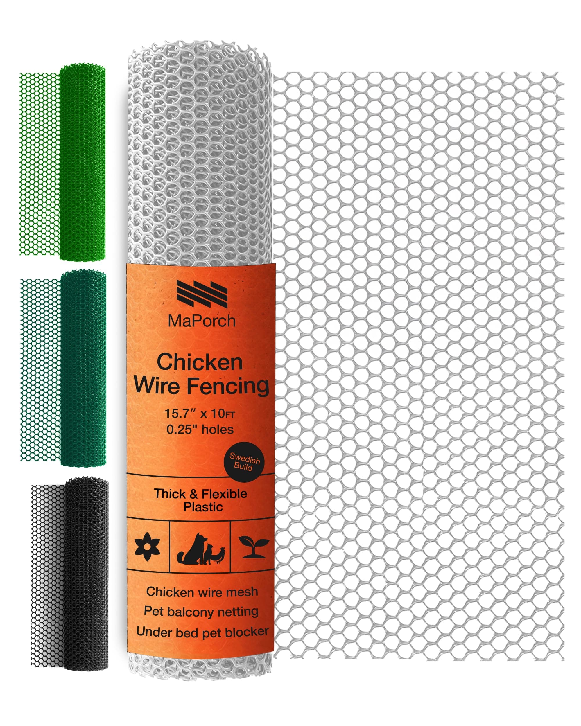 MaPorch Plastic Chicken Wire Mesh Fence - White Mesh, 15.7 in x 10 ft - Quick-Install Chicken Wire Fencing - Plant Protectors from Animals - Weather Resistant Garden Netting - Pet & Poultry Netting