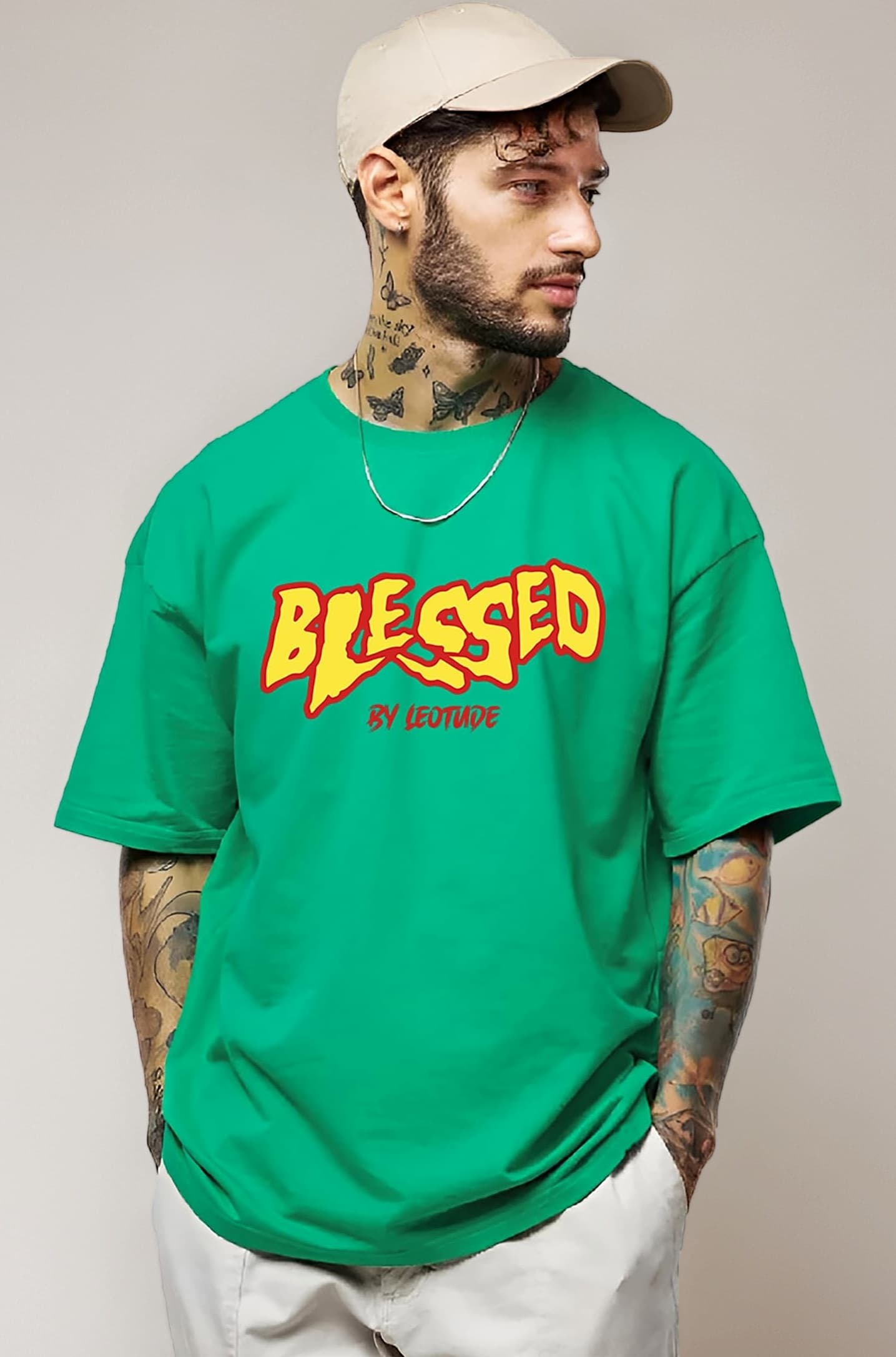 LEOTUDE Men's Cotton Regular Fit Half Sleeve Oversized Tshirt, Round Neck Longline Drop Shoulder | ful Printed T-Shirt