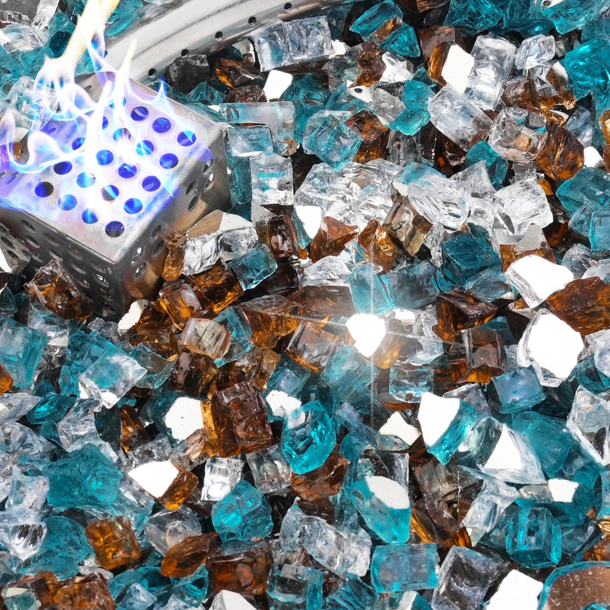 NUPICK 5 Pound Fire Glass, 1/2 Inch Reflective Fire Pit Glass, Tempered Firepit Glass Rock for Propane or Natural Gas, Glass Rocks for Fire Pit Table or Fireplace, Aqua Blue & Copper & Platinum Mix