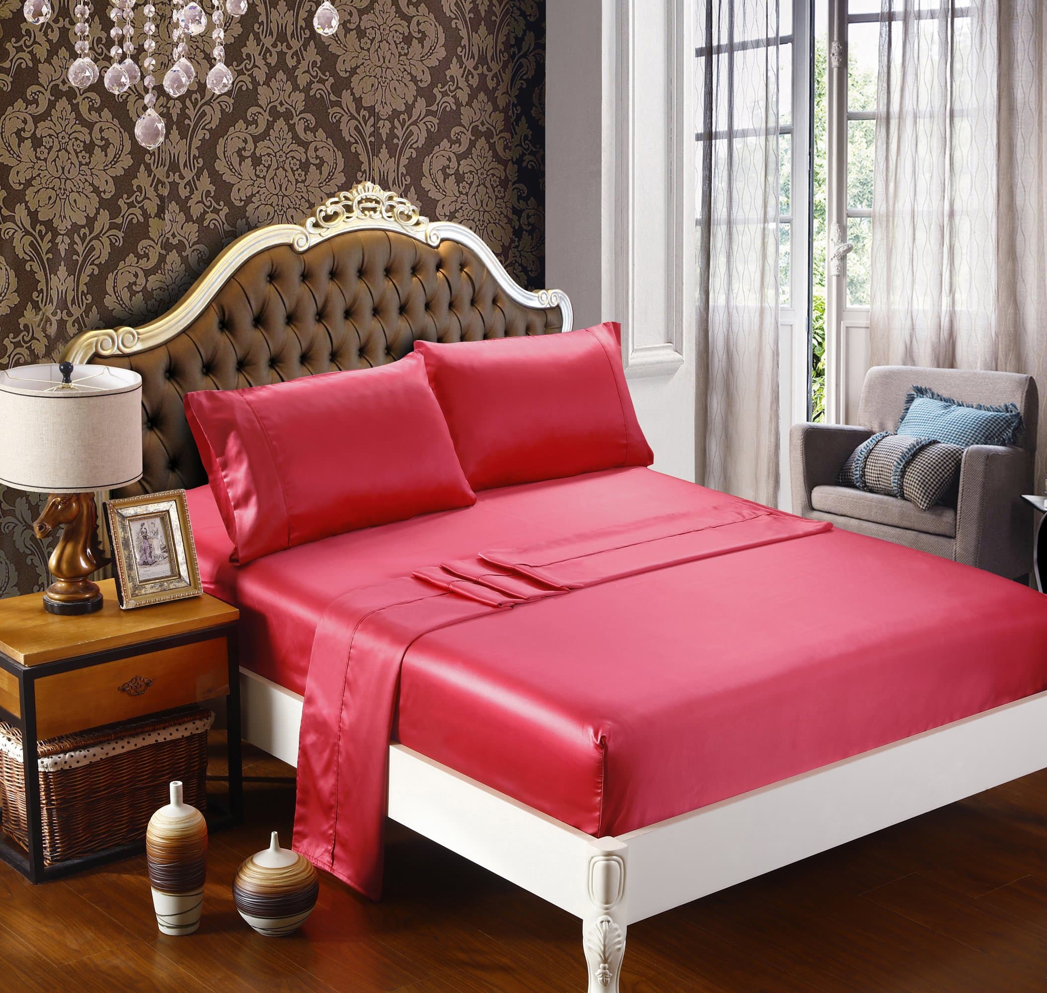 Silk Soft Satin Bed Sheet Set,Anti Slip Satin Sheet Sets,Luxury Sheets with Satin Pillow Cases,15 Inch Deep Pocket Fitted Sheet, Queen Sheet Set in Coral