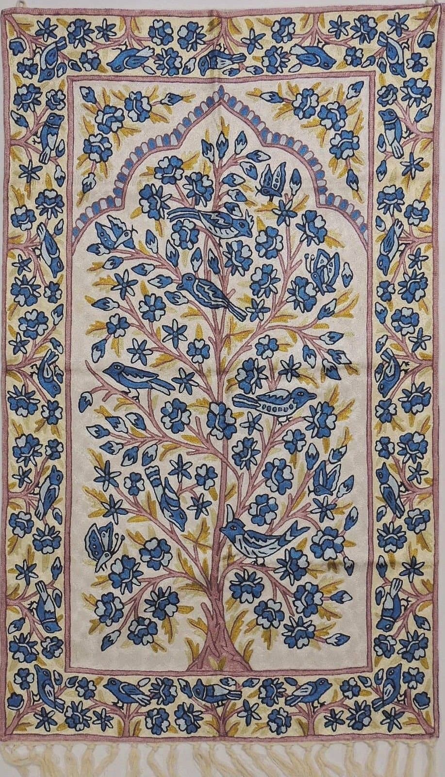 White Tree of Life Rug - Kashmir Art Silk Thread Hand Embroidered Chain Stitch Wall Hanging Tapestry ~ 48" x 30" - Every inch of The Base Fabric Covered by Crewel Work