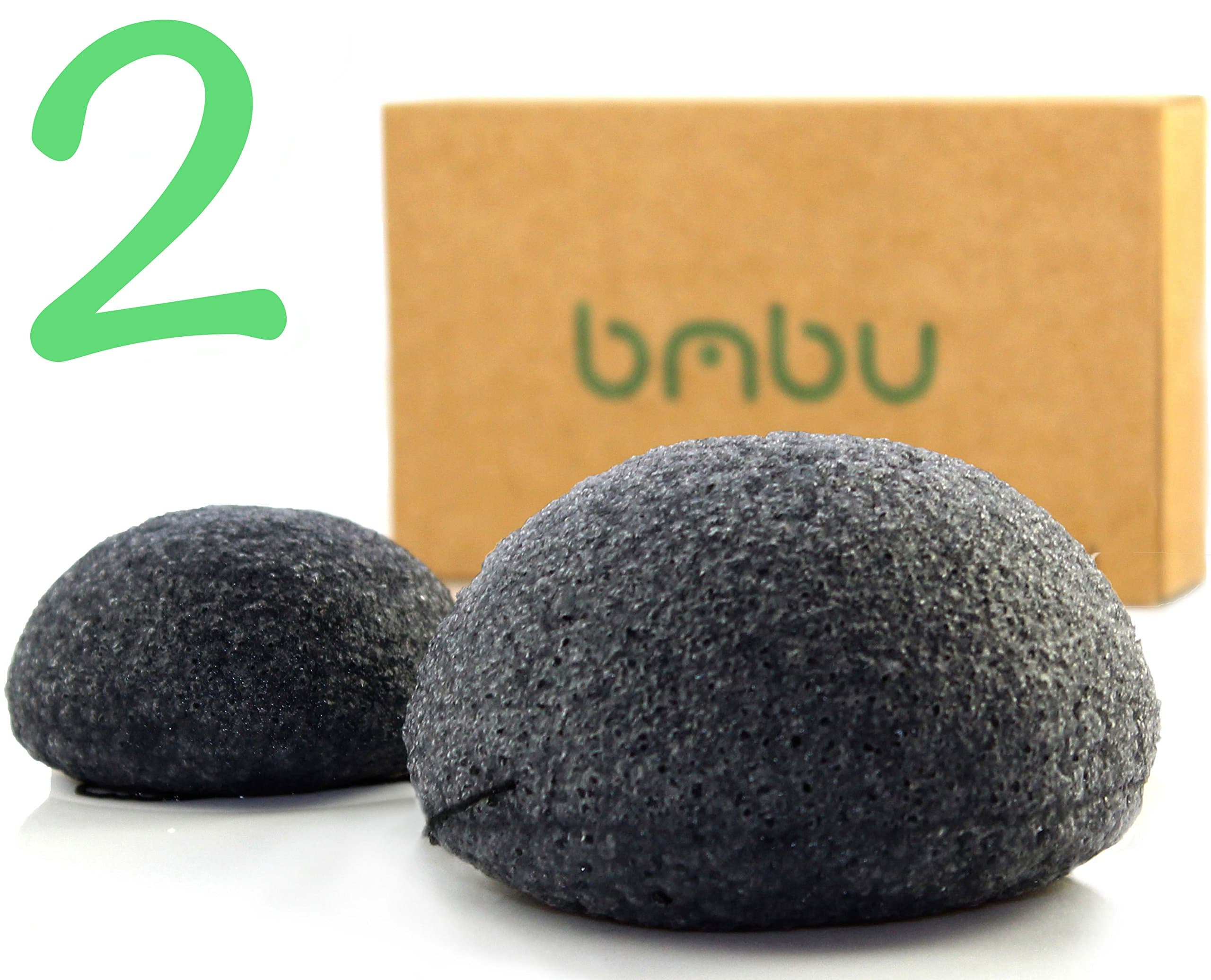 Konjac Sponge 2 Pack Made With Activated Charcoal - Gentle Face Scrub Buff - Perfect Facial Exfoliation Sponge for Acne Treatment and Prevention