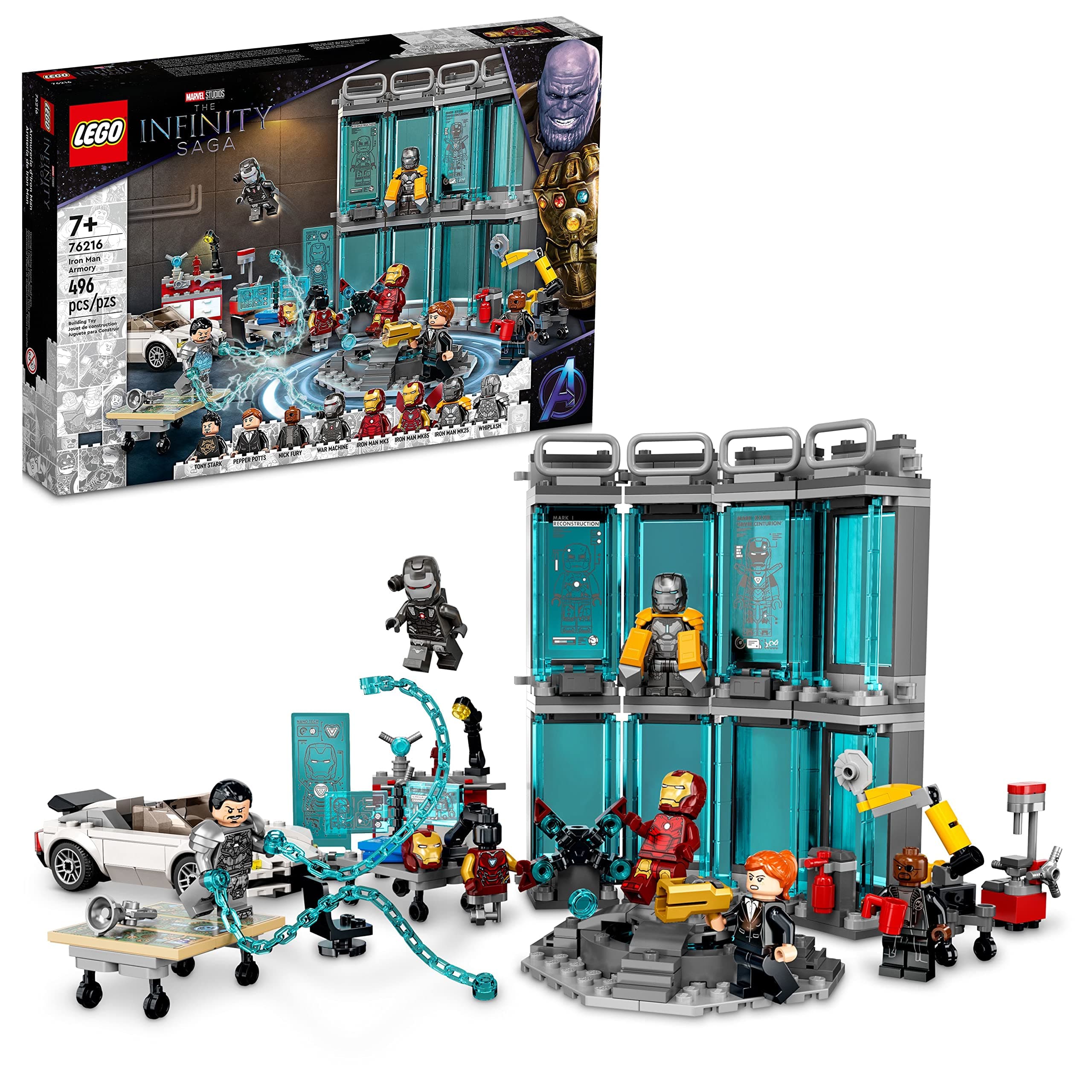 Marvel Iron Man Armory Toy Building Set 76216, Avengers Gift for 7 Plus Year Old Kids, Boys & Girls, Iron Man Pretend Play Toy, Marvel Building Kit with MK3, MK25 and MK85 Suit Minifigures