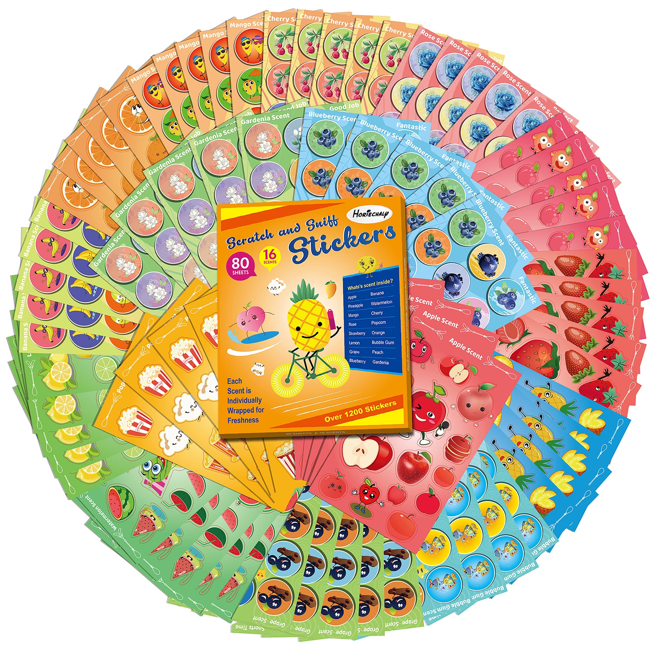 HORIECHALY Scratch and Sniff Stickers, 80 Sheets 16 Different Scents, Best Choice for Kids & Teachers & Parents as Reward Stickers, Gift, Party Favor, Goodie. Awesome Smelly Stickers.
