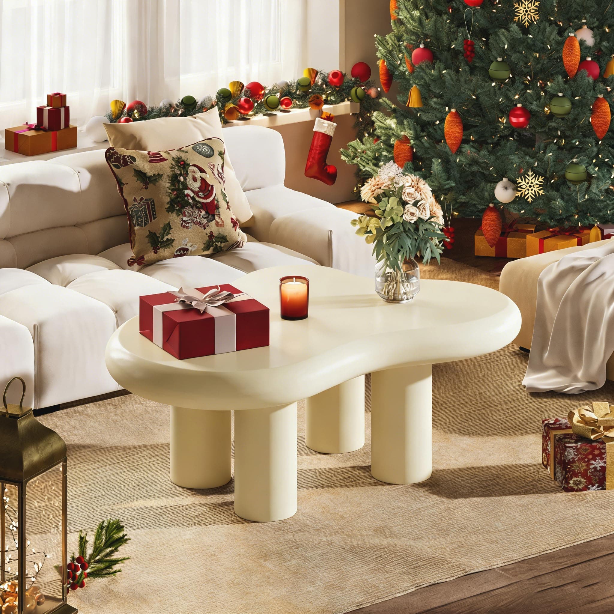 LITTLE TREE Cloud Coffee Table, Modern Cute End Table, Cartoon Coffee Table, Irregular Indoor Tea Table for Small Space, Living Room, White