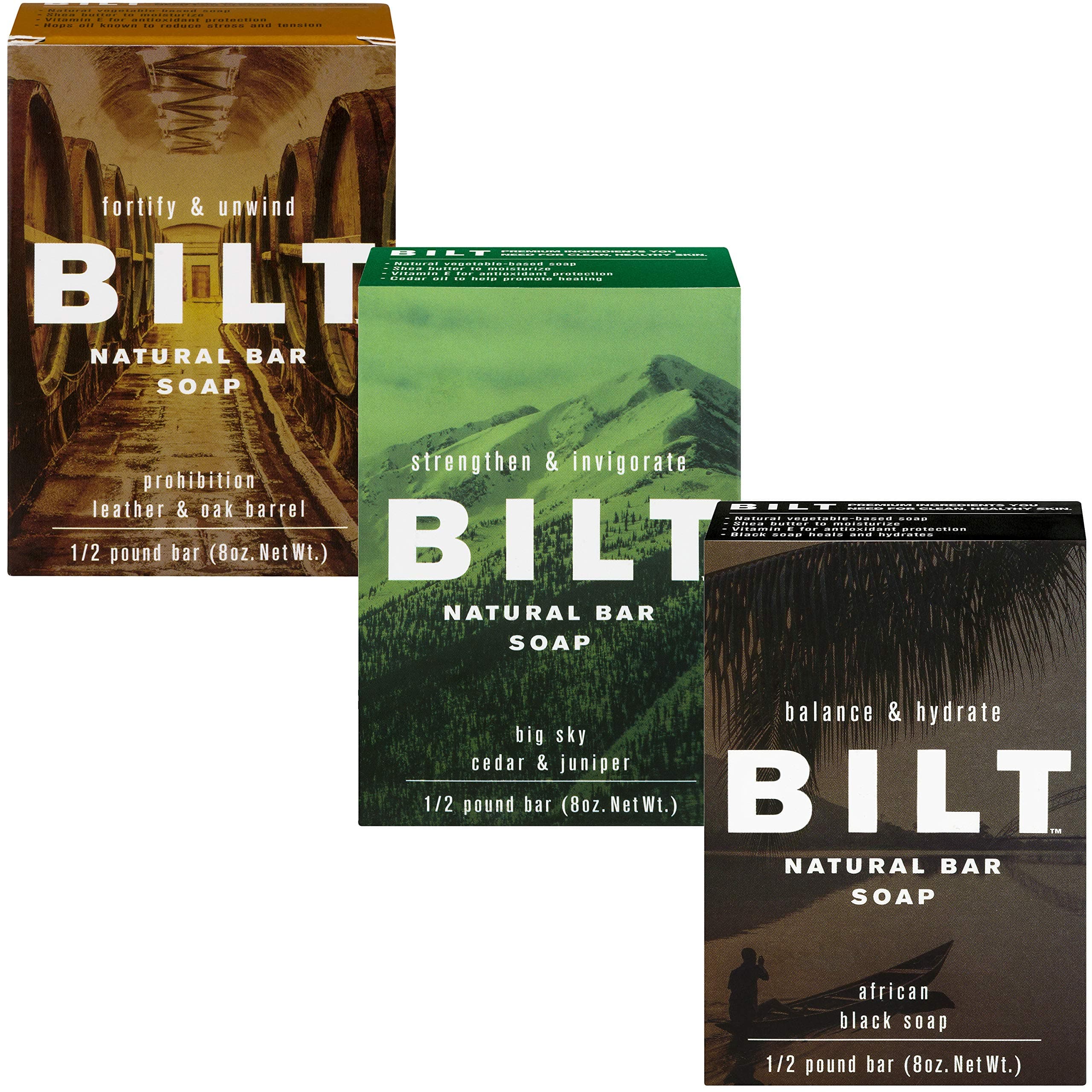 BILT Natural Bar Soap for Men, 8 oz."Rugged" 3 Bar Variety Soap Set: African Black Soap, Big Sky, Prohibition