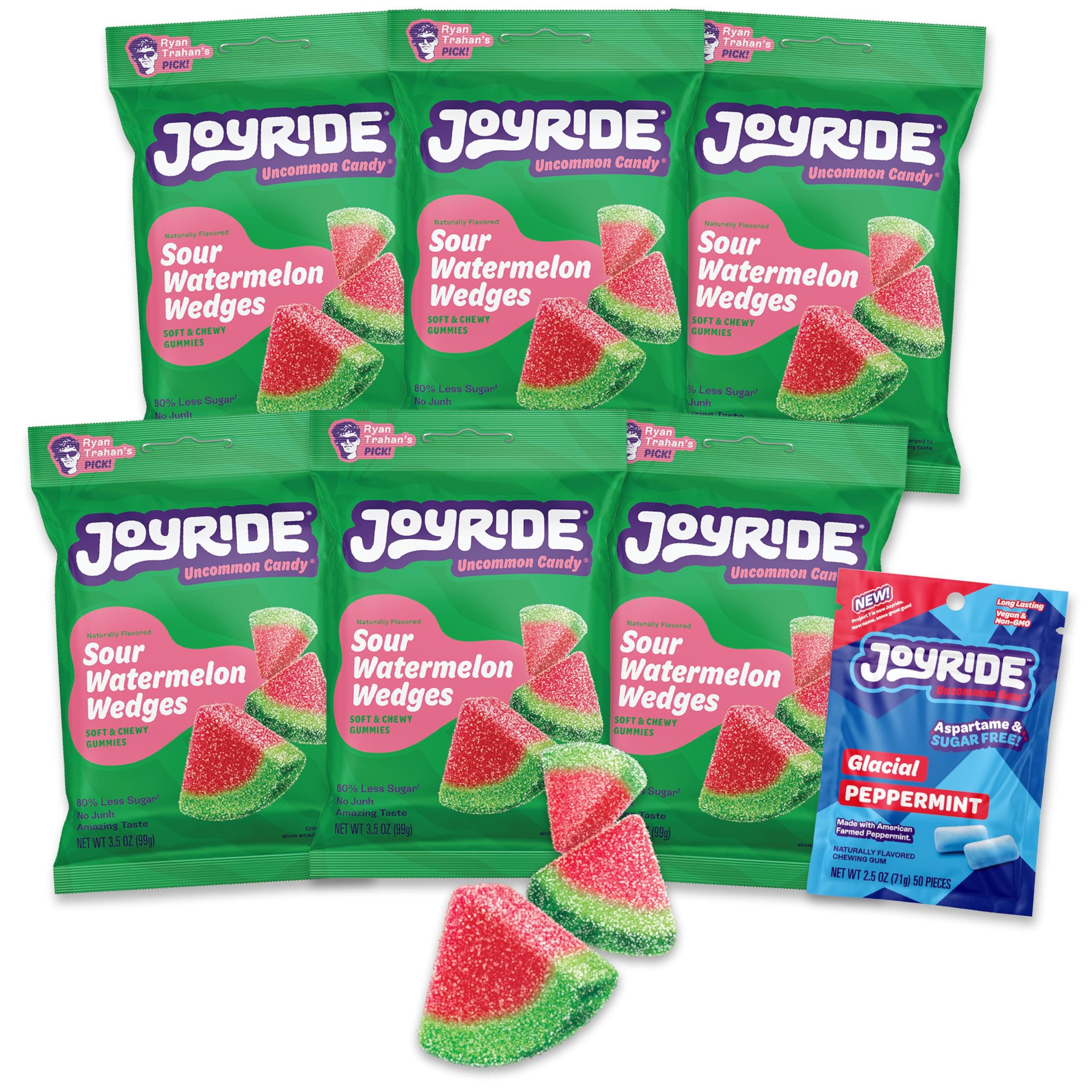 Sour Watermelon Wedges - 3.5 oz 6-Pack Bundle with 2.5oz Glacial Peppermint Gum, Low Sugar and Calories, Healthy Sour Candy, Watermelon Gummies (7 Items)