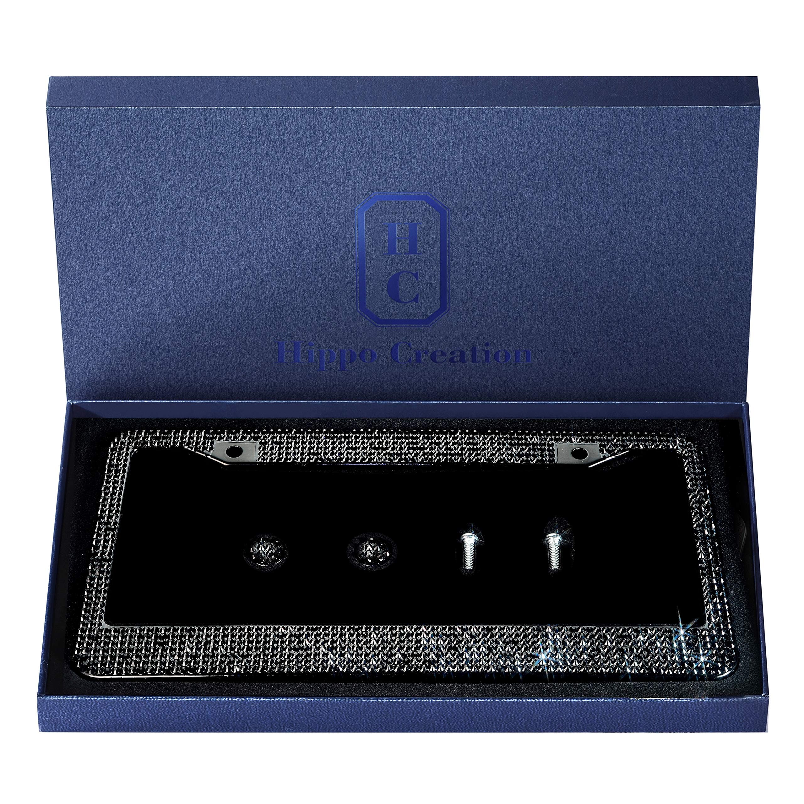 Handcrafted Bling License Plate Frames for Women, Men | 1 Pack Bedazzled Cover with Glittery Screw Caps | Stainless Steel Diamond Rhinestone License Plate Frame/Cover | Giftbox Included (Black)