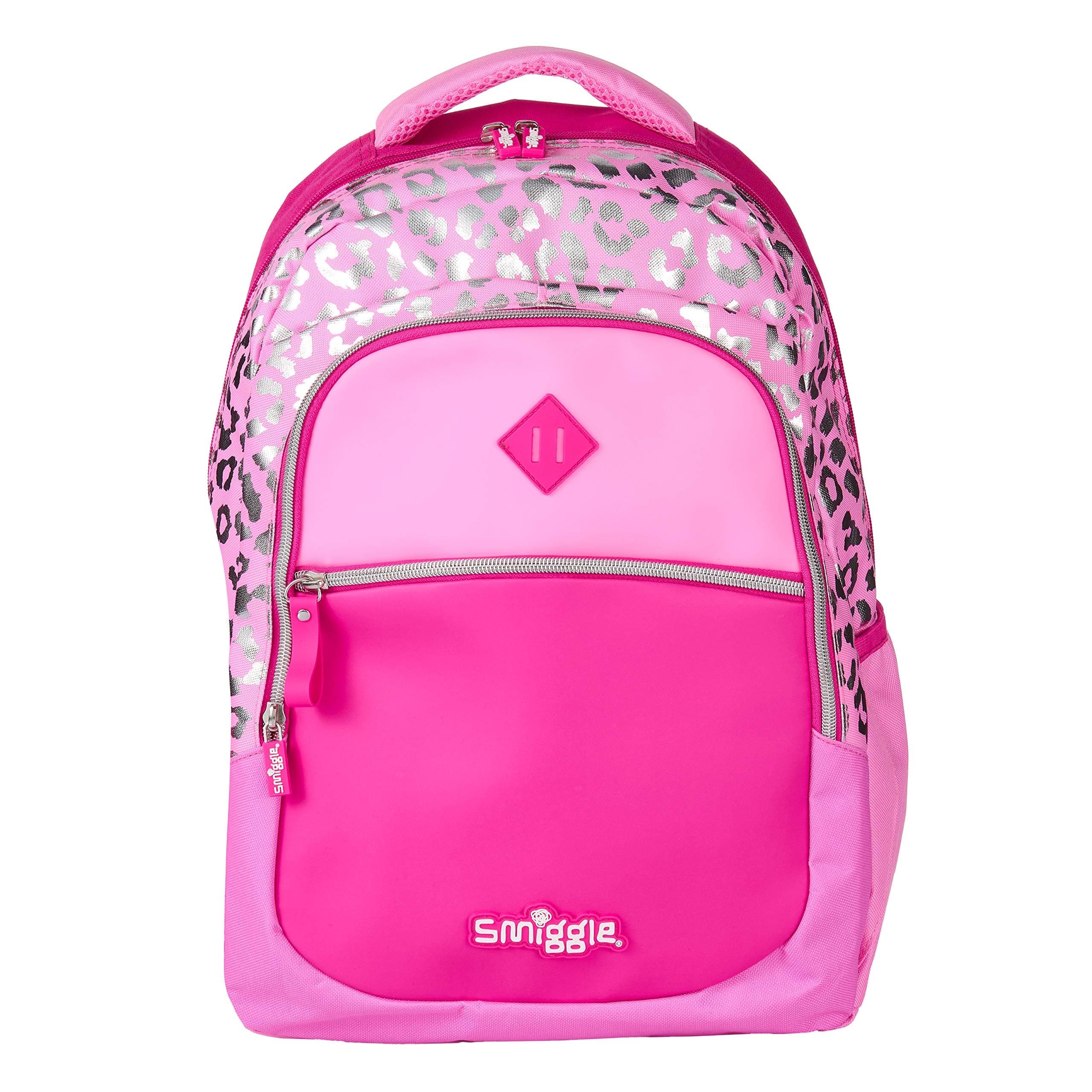 Smiggle Kids School Backpack from The Block Collection for Boys and Girls with 3 Zipped compartments and Drink Bottle Sleeve | Pink