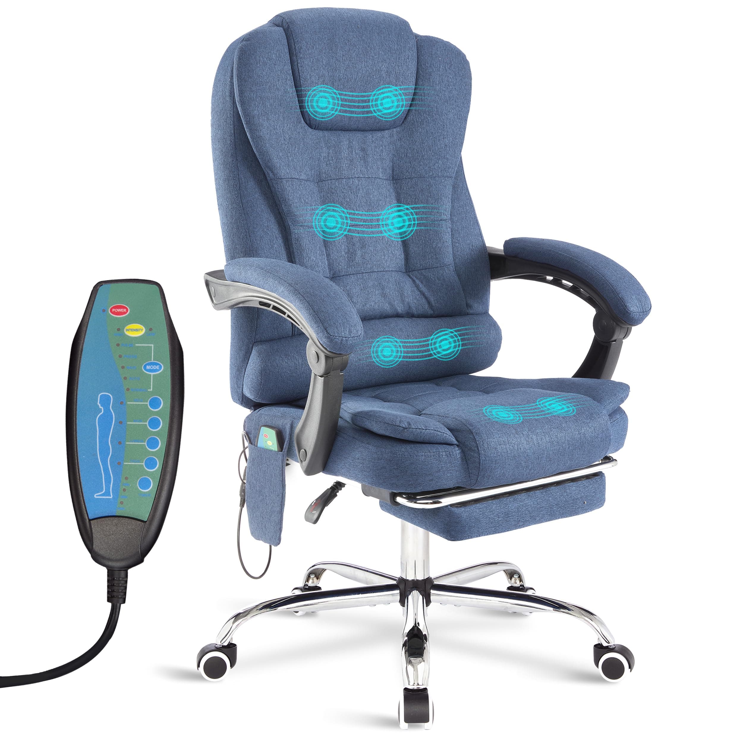Massage Office chair for Home Office, Computer Desk Chairs Executive Office Chair with Footrest 135° Reclining Extra Padded Adjustable Height Heavy Duty 360° Tilt Function & Remote, Blue