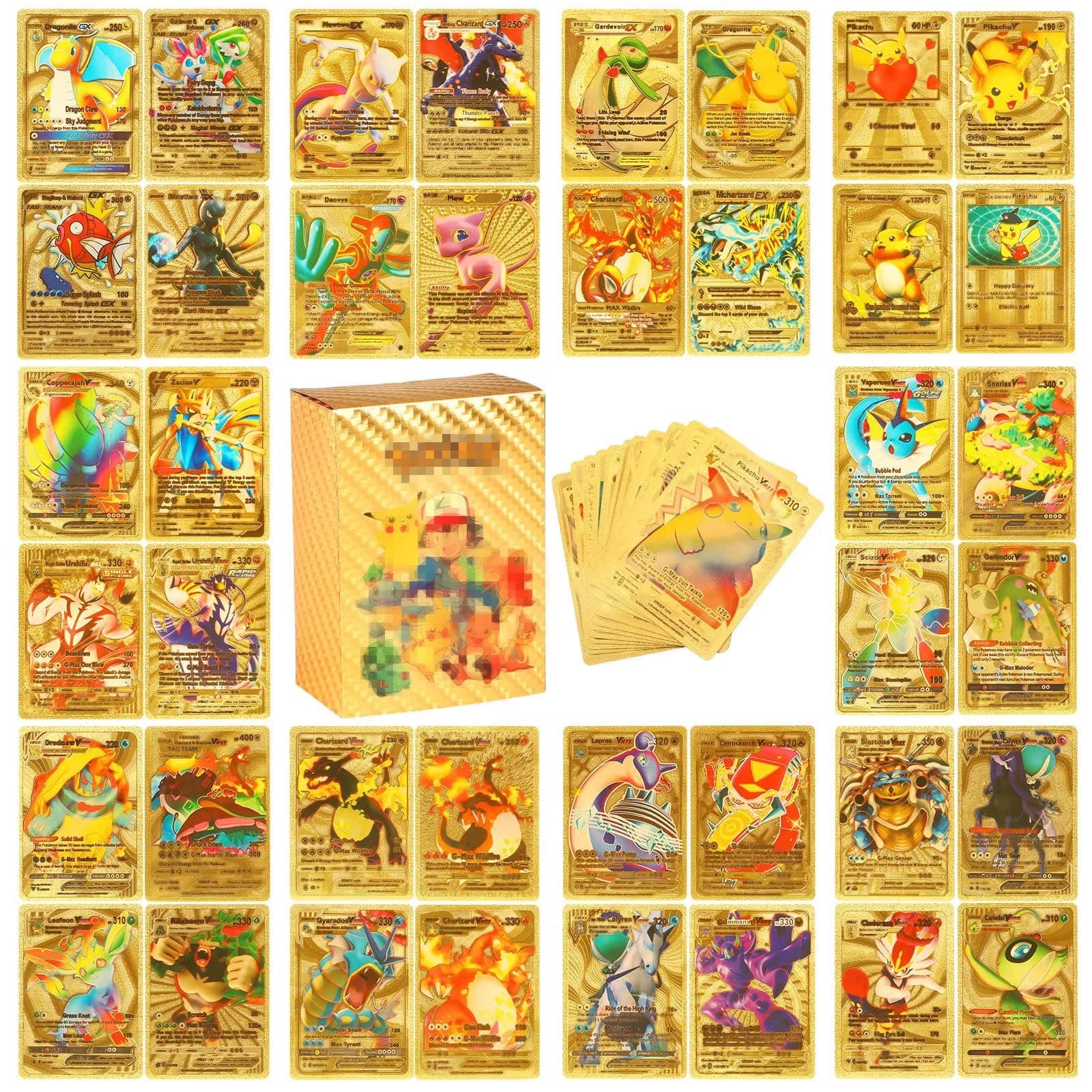 am Duo Duo 110 PCS TCG Deck Box Gold Foil Card (43 GX Rare Cards 28 Vmax Rares 17 V Series Cards, 7 Common Card, 7 Tag Cosplay Cards,6 EX Card, 1 DX and 1 Athletic Card), Gift for Kids