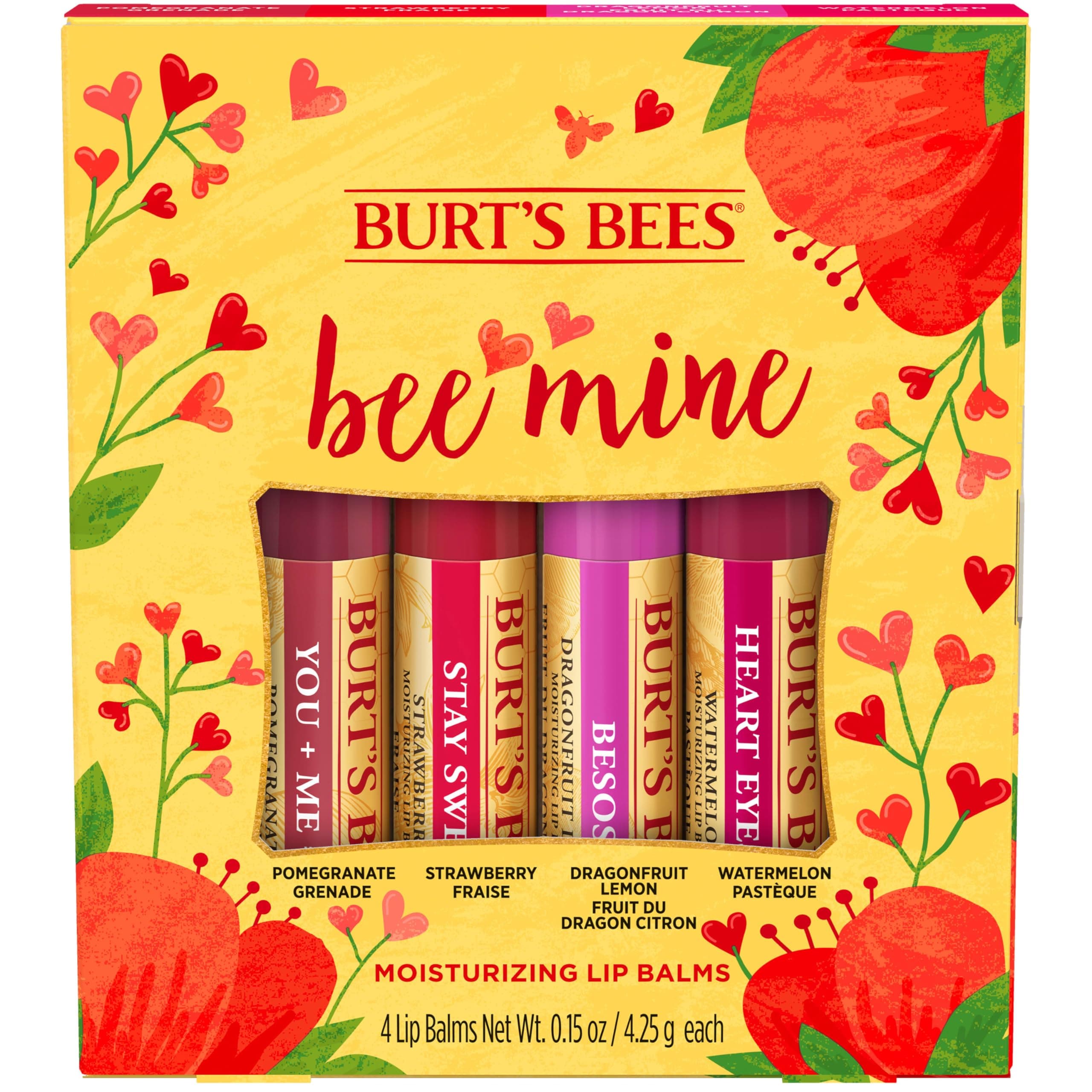 Bee Mine Lip Balm Gift Set, Strawberry, Dragonfruit Lemon, Pomegranate and Watermelon, 4 Personalized Lip Balms, Pack May Vary