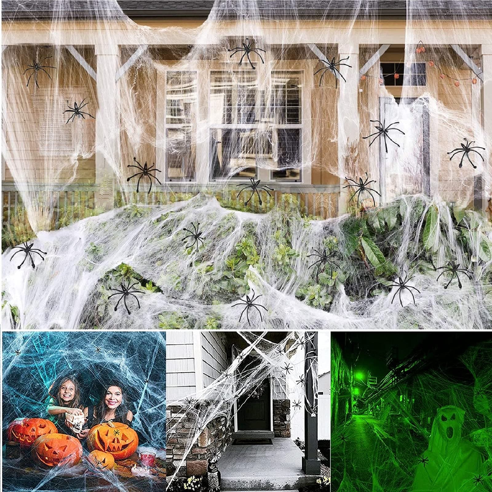 Halloween Spider Web Decoration,Halloween Stretchable Luminous Spider Web Decoration, with 30pcs Fake Spiders,Halloween Luminous Cobweb Night Light Web Decoration for Haunted House and Yard(60g)