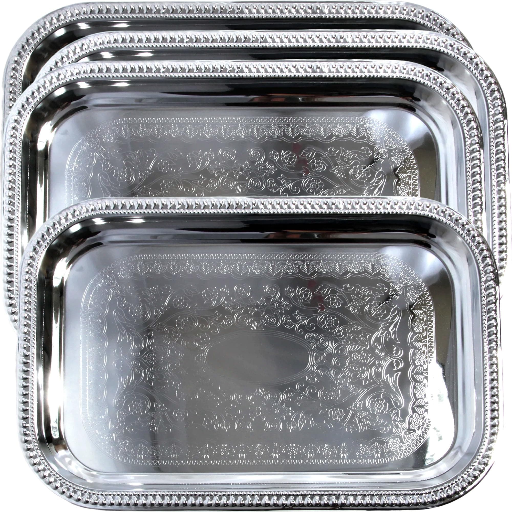 20.7-Inch x 14-Inch Oblong Rectangular Trim Floral Pattern Engraved Catering Chrome Plated Serving Plate Mirror Tray Platter Multi-Purpose Party Art Deco (Silver-Large) T156l-4pk