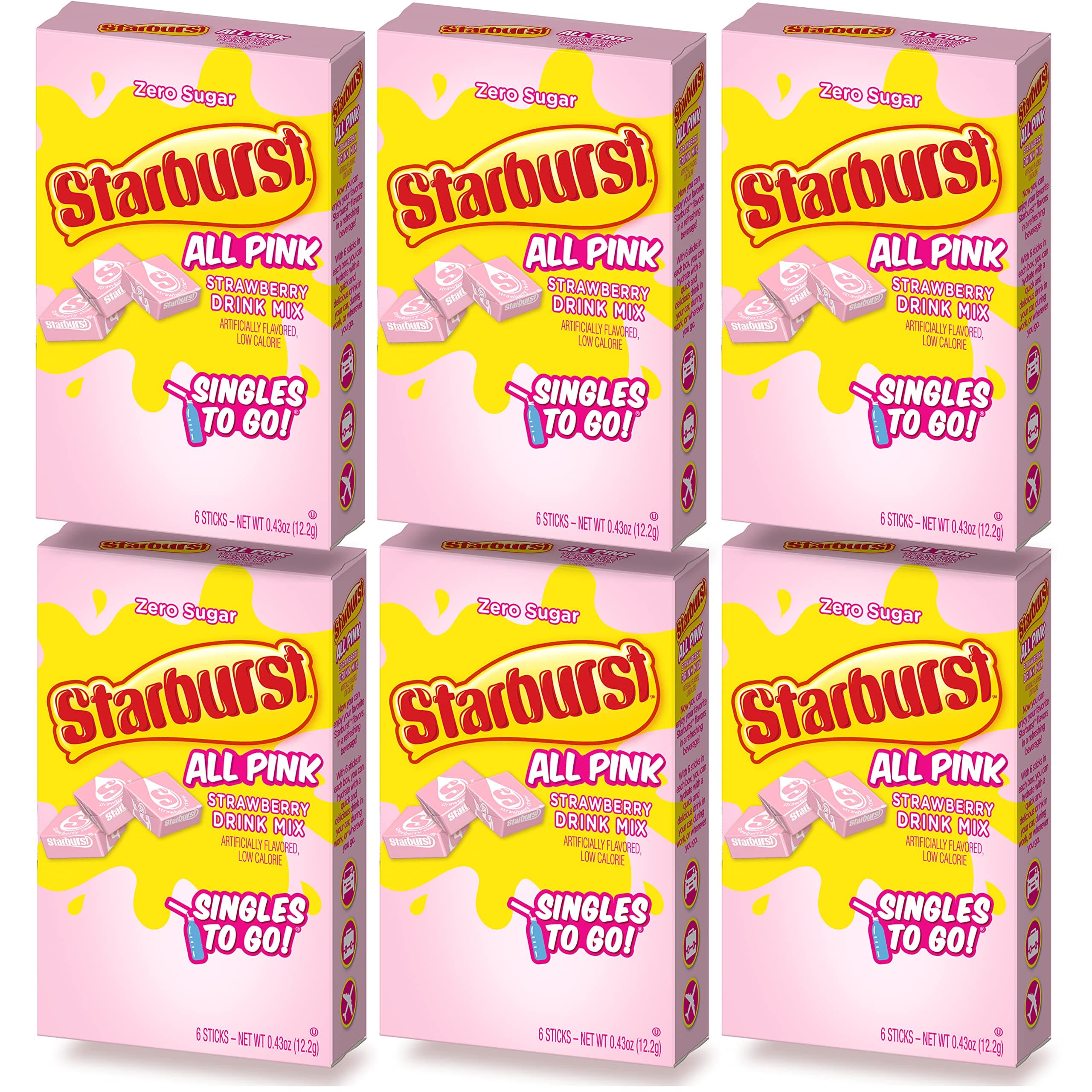 Starburst Singles To Go Zero Sugar Drink Mix, Strawberry, 6 CT Per Box (Pack of 6)