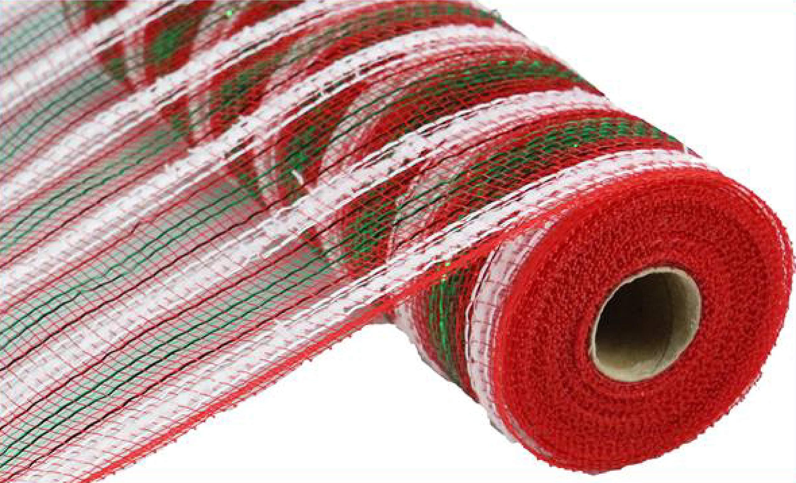 Snowdrift Metallic Stripe Deco Poly Mesh Ribbon - 10.5 inch x 30 feet (Red, White, Emerald)