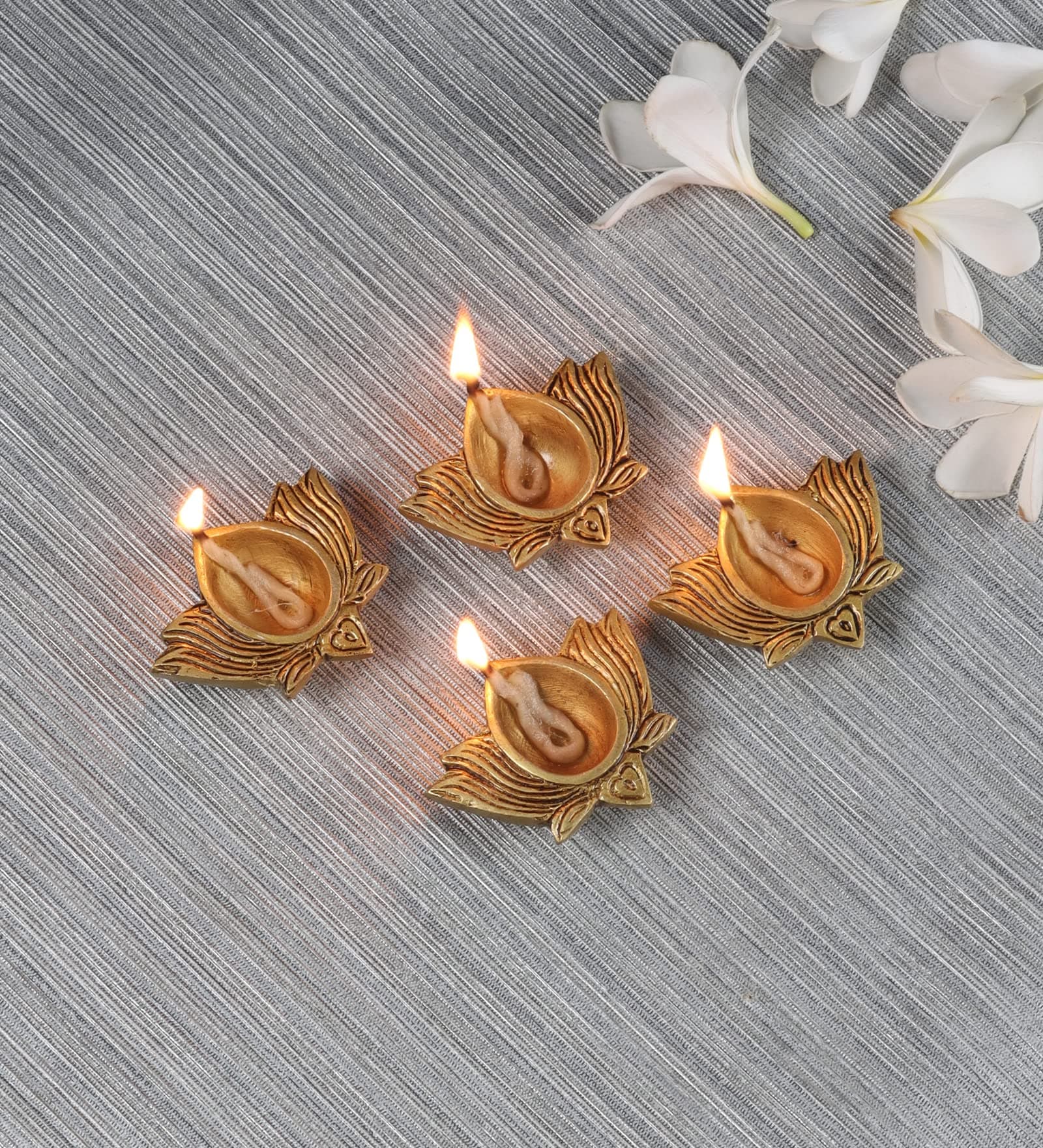 Two Moustaches Lotus Shaped Decor Diya 2.5 Inches Set of 4, Material - Brass, Home Decoration Item Gift, Lotus Brass Diyas Oil Lamp Pooja, Housewarming Gifts (Set of 4), Antique Yellow