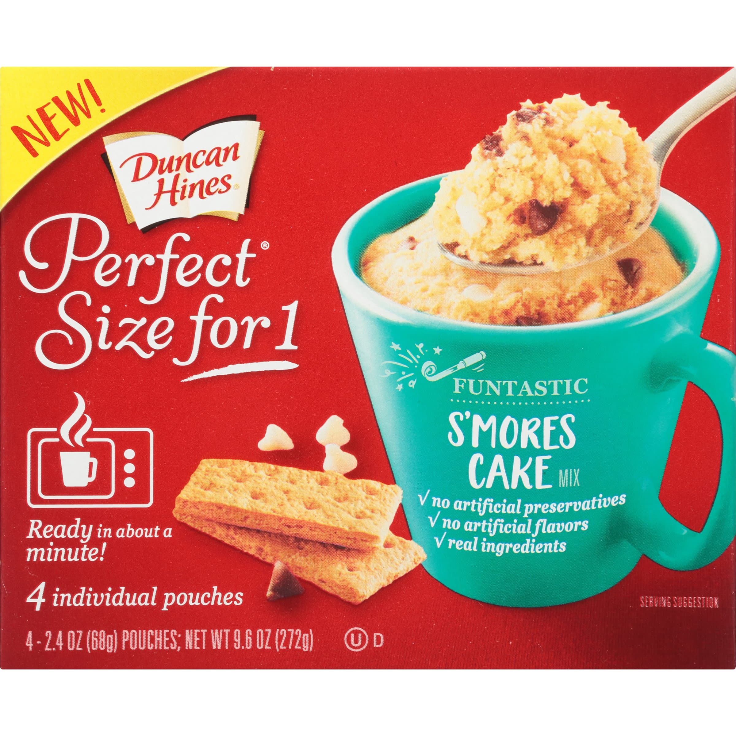 Duncan Hines Perfect Size for 1 Cake Mix, Ready in About a Minute, S'Mores Cake, 4 Individual Pouches, 2.4 Ounce (Pack of 4)