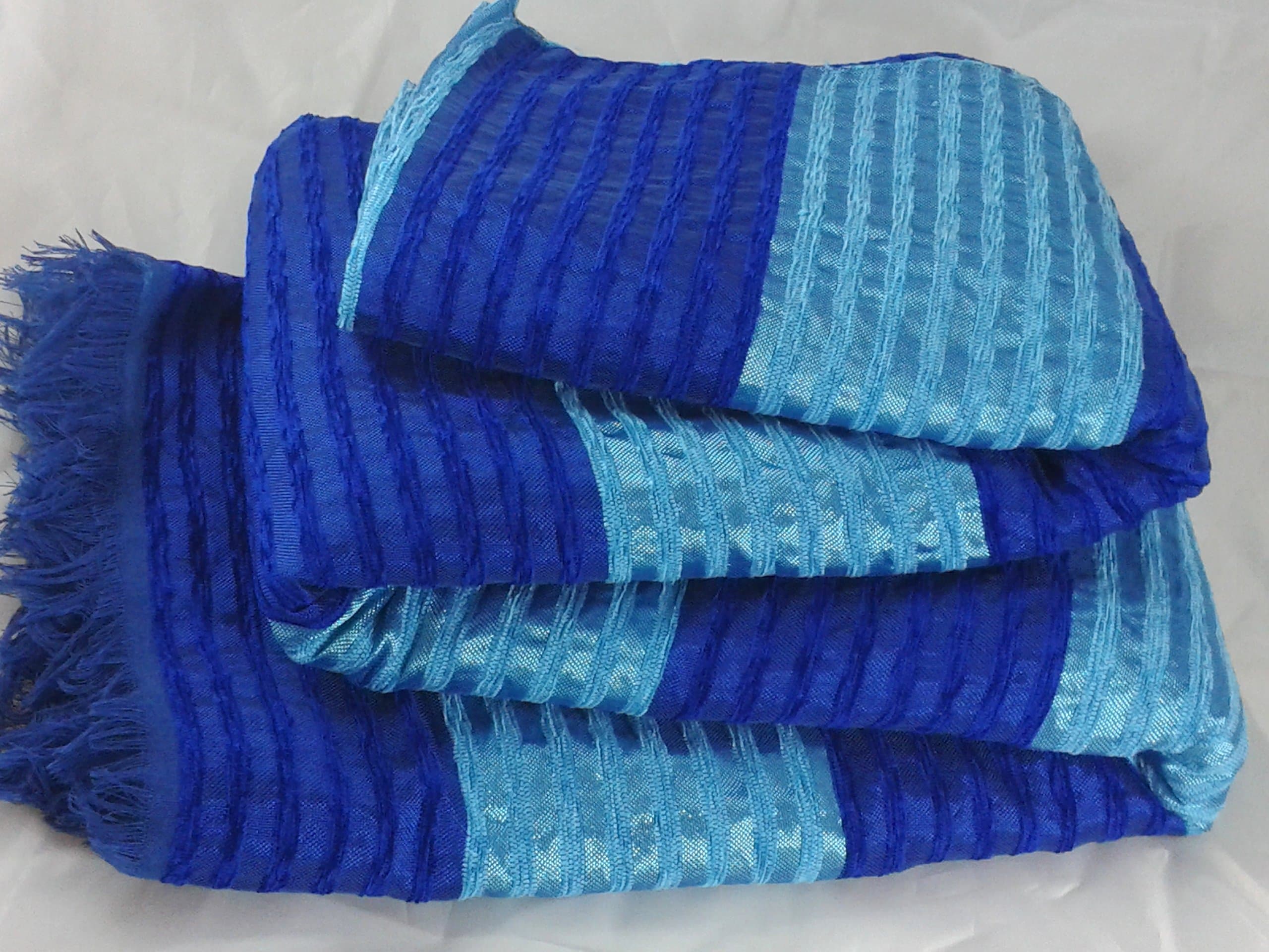 Traditional Moroccan Hand Loomed Sabra (Cactus Silk) and Wool Throw Blanket in Blue & Turquoise Wide Stripes (300 cm x 200 cm)