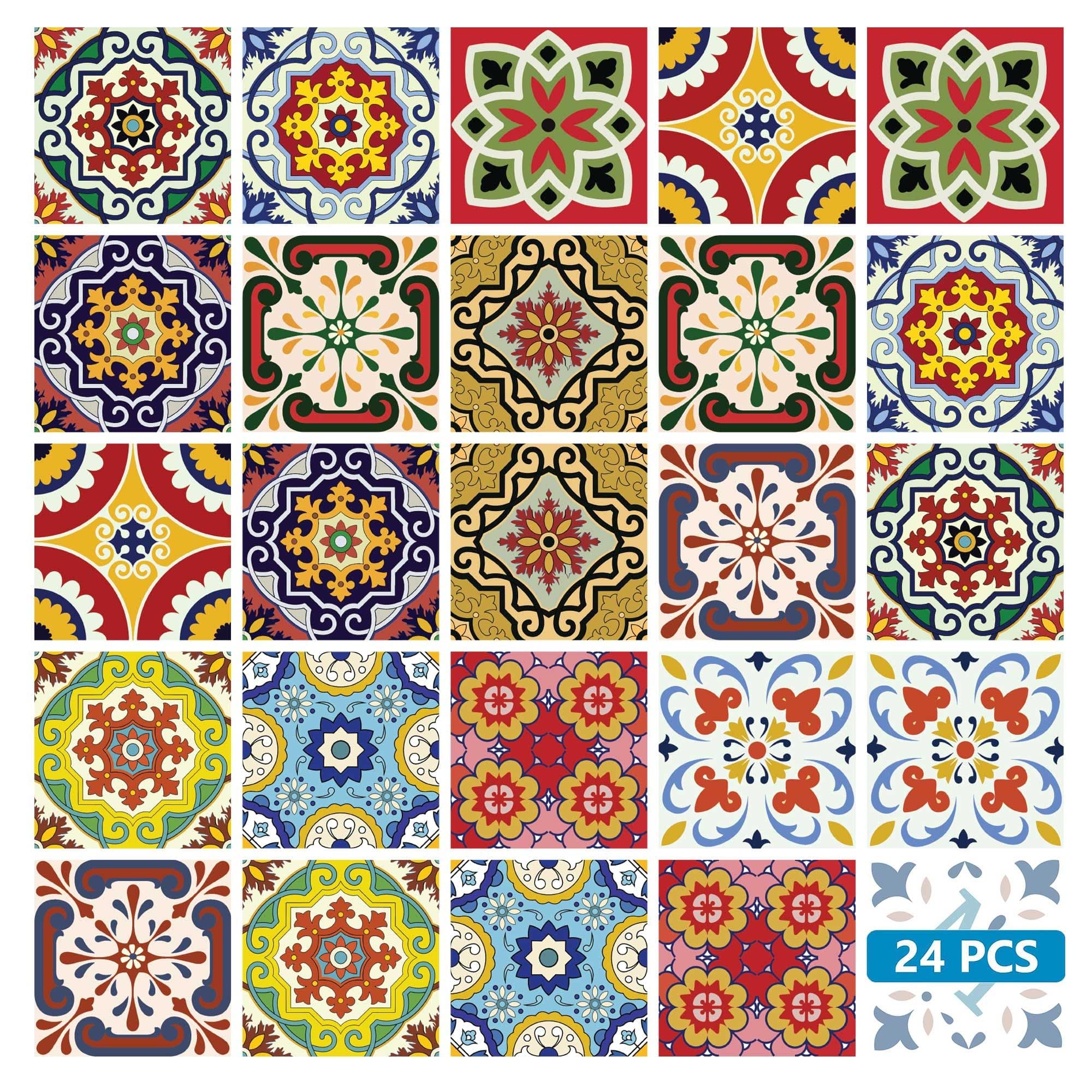 Mi Alma Backsplash Tile Stickers 24 PC Set Authentic Traditional Talavera Tiles Stickersl Bathroom & Kitchen Tile Decals Easy to Apply Just Peel and Stick Home Decor 4x4 Inch (Mexican Tile Art)