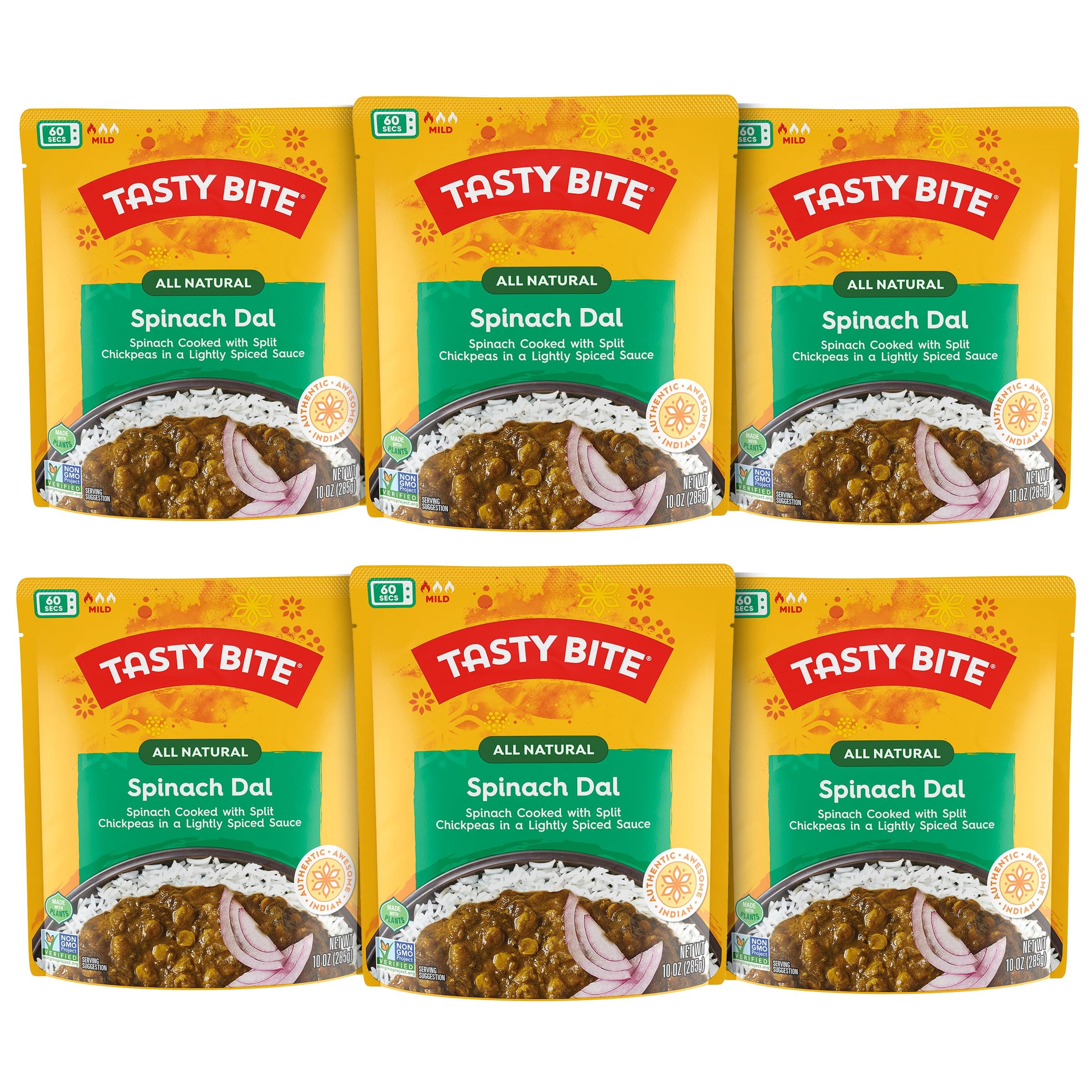 Tasty Bite Spinach Dal, Ready to Eat, 10 Ounce, Pack of 6, Microwavable With Spinach & Lightly Spiced Sauce, Vegan