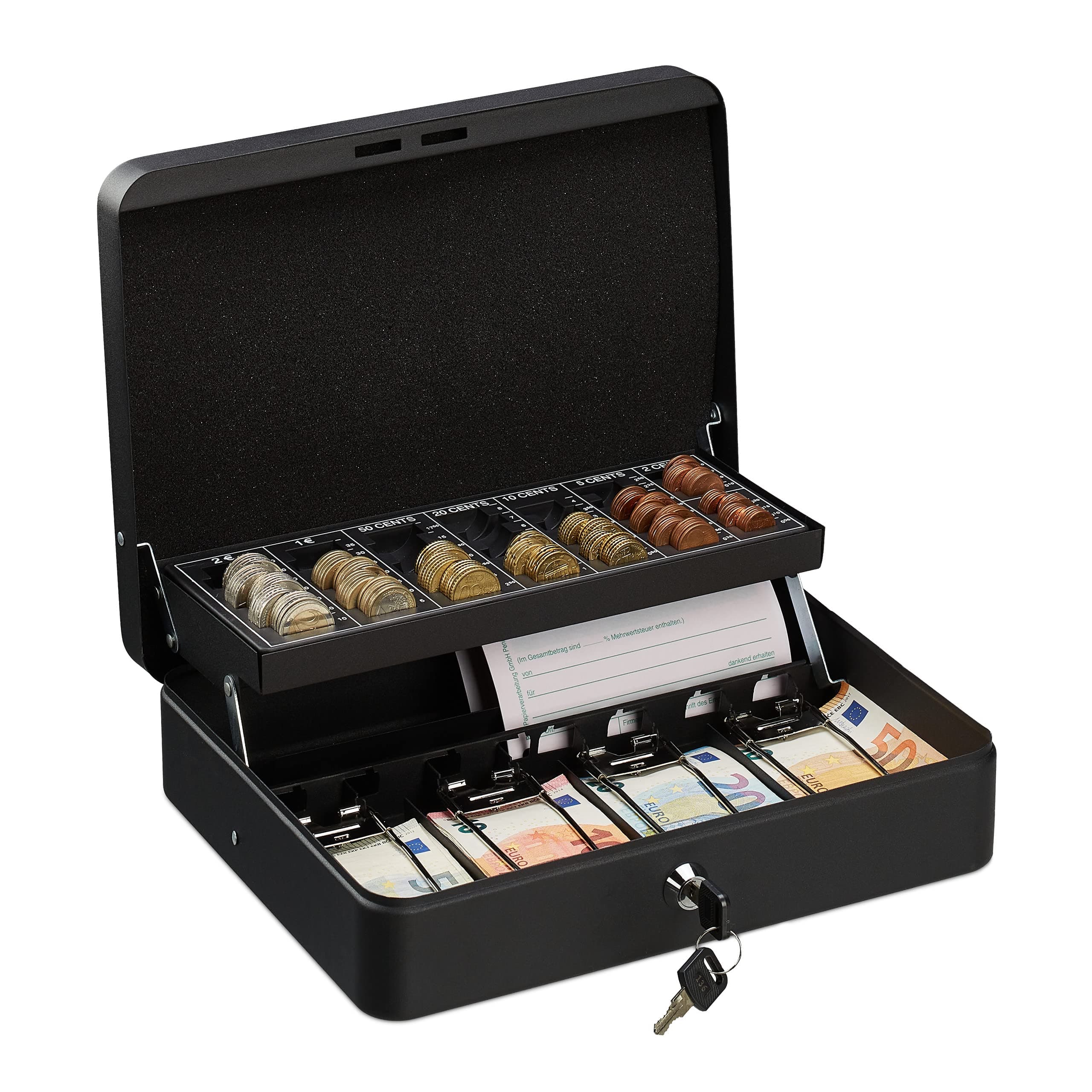 Relaxdays Cash Box, Coin Counter Tray Lockable Portable Change & Notes, H x W x D: 8.5 x 30.5 x 24.5 cm, Iron, Black, 60% 30% Plastic 10% Steel