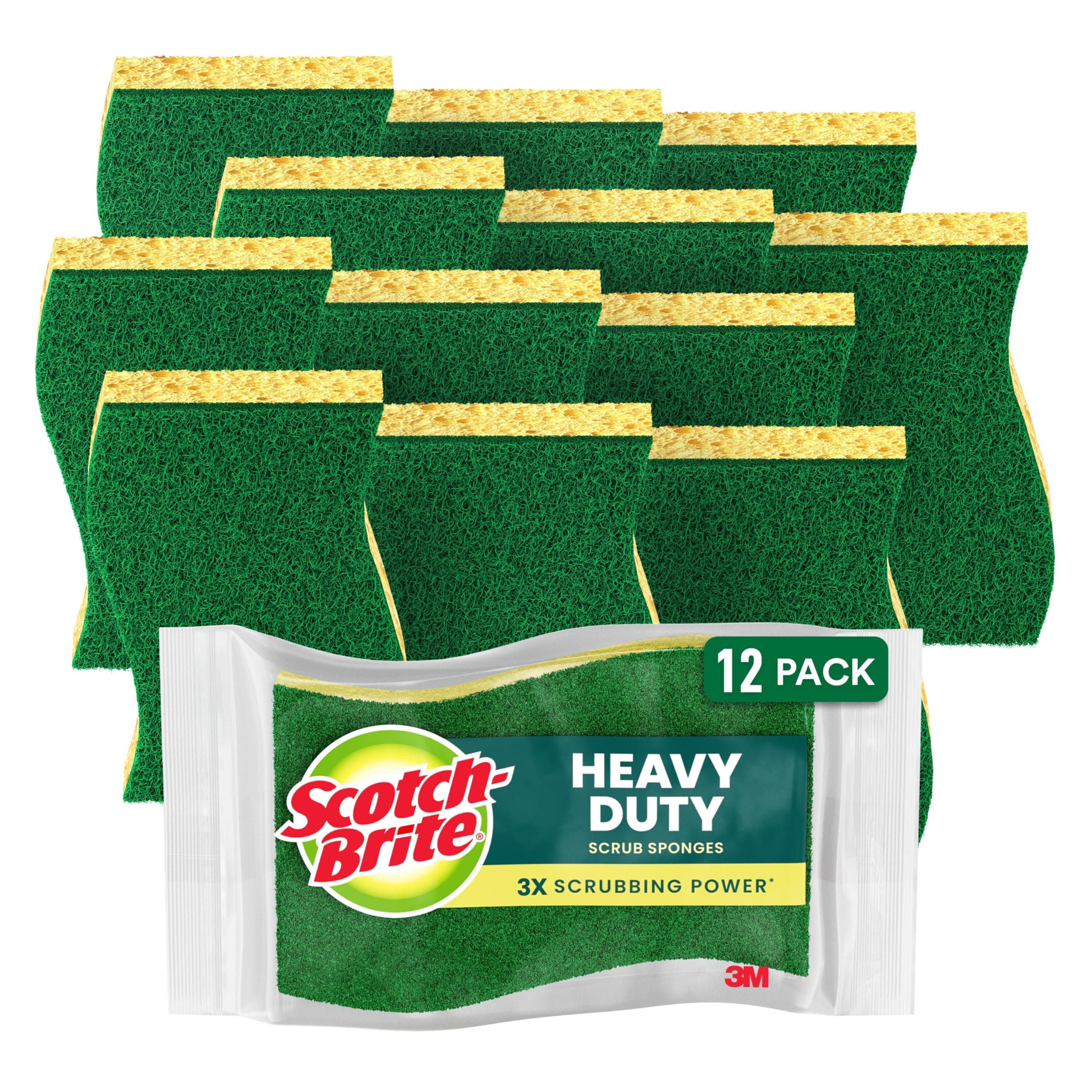 Scotch-Brite Heavy Duty Scrub Sponge, 12 Kitchen Sponges, Designed for Tough Messes in the Kitchen, Lasts 3X Longer*, Best for Cast Iron Skillets, Outdoor Grills, Flexible, Durable & Strong