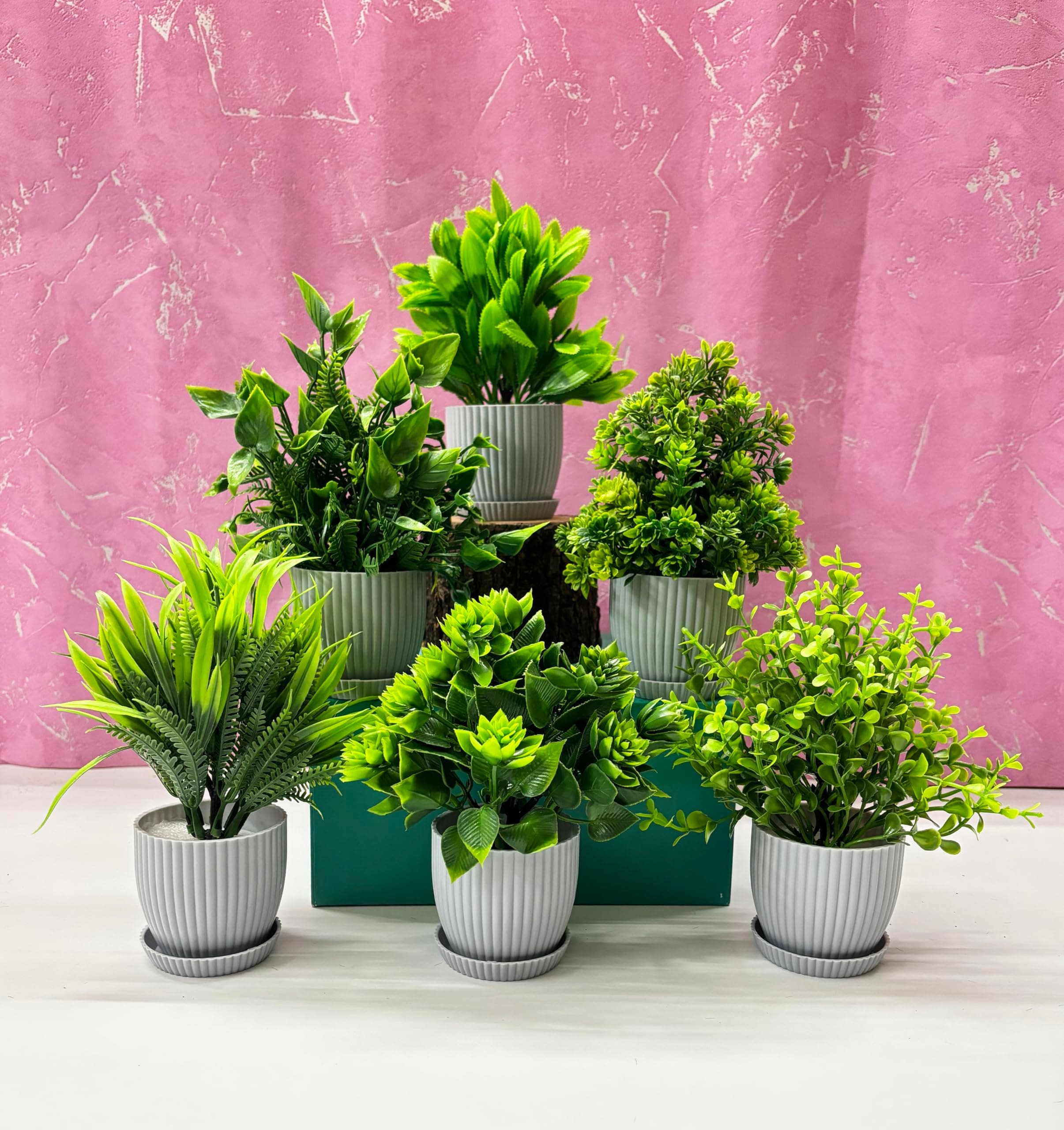 Dekorly Plastic 6 Packs Fake Plants Small,Mini Artificial Plants Indoor For Home Farmhouse Bathroom Shelf Décor(Height : 17Cm,Gray)