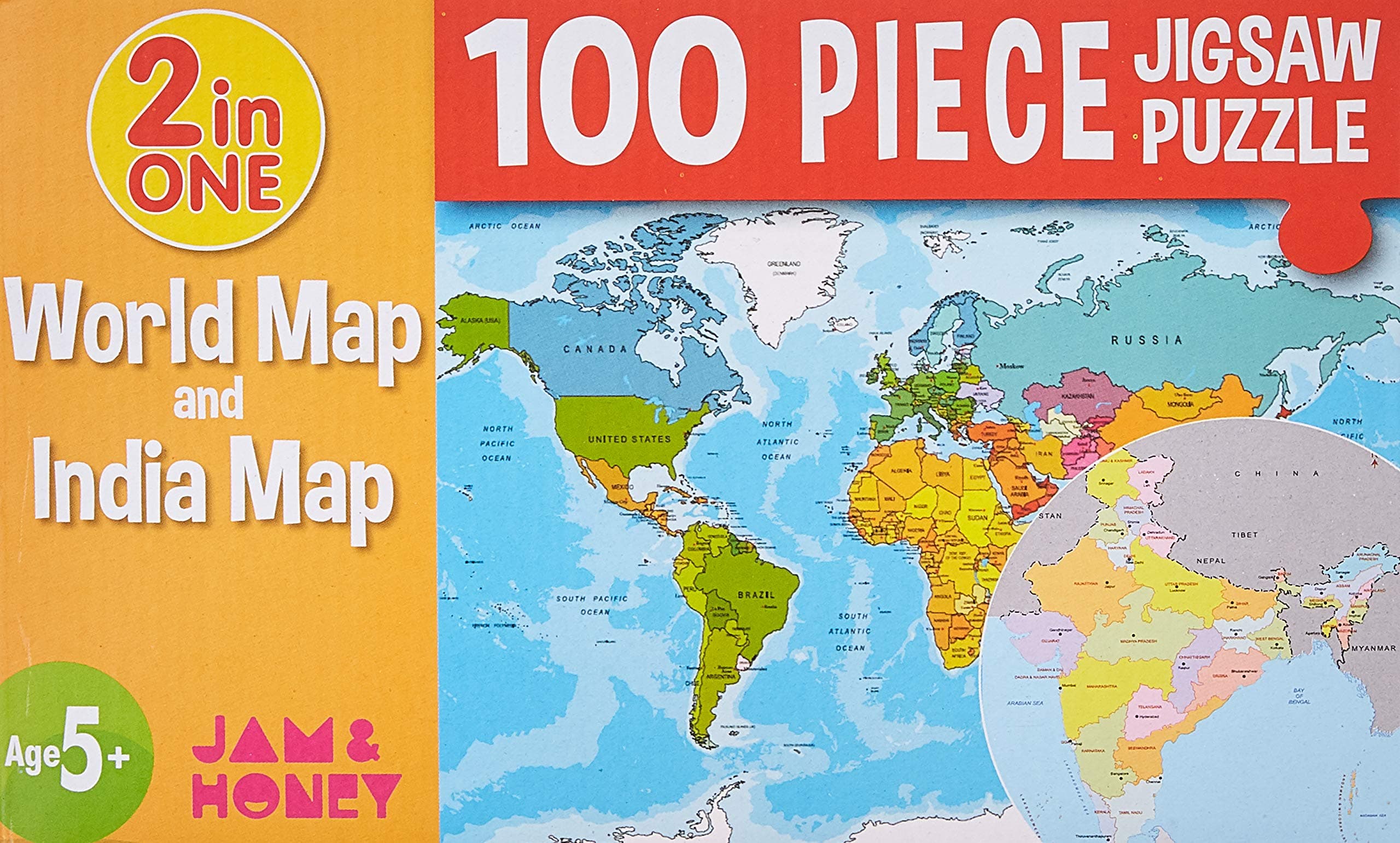 Amazon Brand - Jam & Honey World Map & India Map Puzzle (100 Pieces)