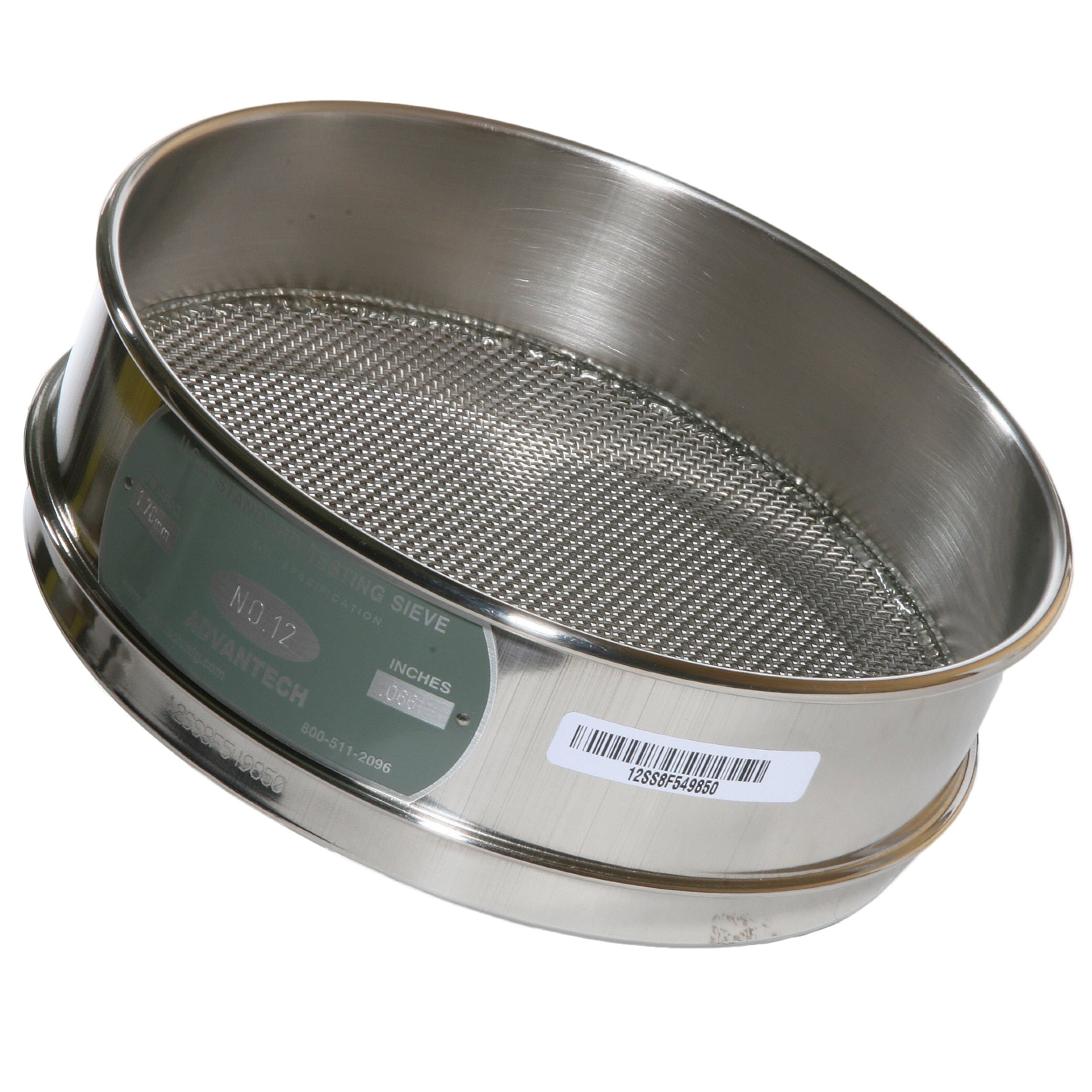 ADVANTECH - 12SS8F Advantech Stainless Steel Test Sieves, 8" Diameter, #12 Mesh, Full Height