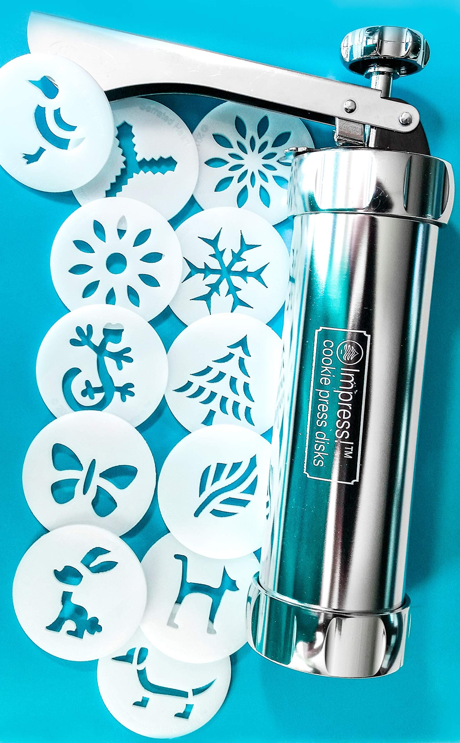 Impress Bakeware – Metal Cookie Press with 12 Shape Disks | Aluminum Press + Food Safe Plastic Shapes | Includes Recipes & Tips | Easy as Mix*Press*Bake*Create | Disks Made in the USA