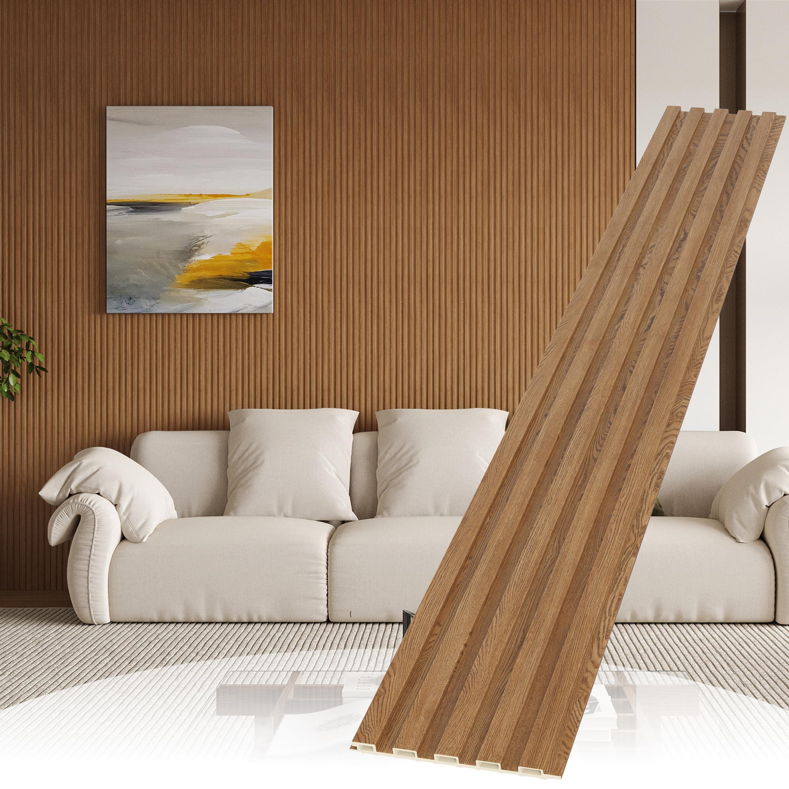 WPC Slat Wall Paneling,8-Pack 3D WPC Wood Wall Panels,Acoustic Wall Panels for Interior Wall Decor,Living Room,Bedroom,Golden Oak,95 x 6 in