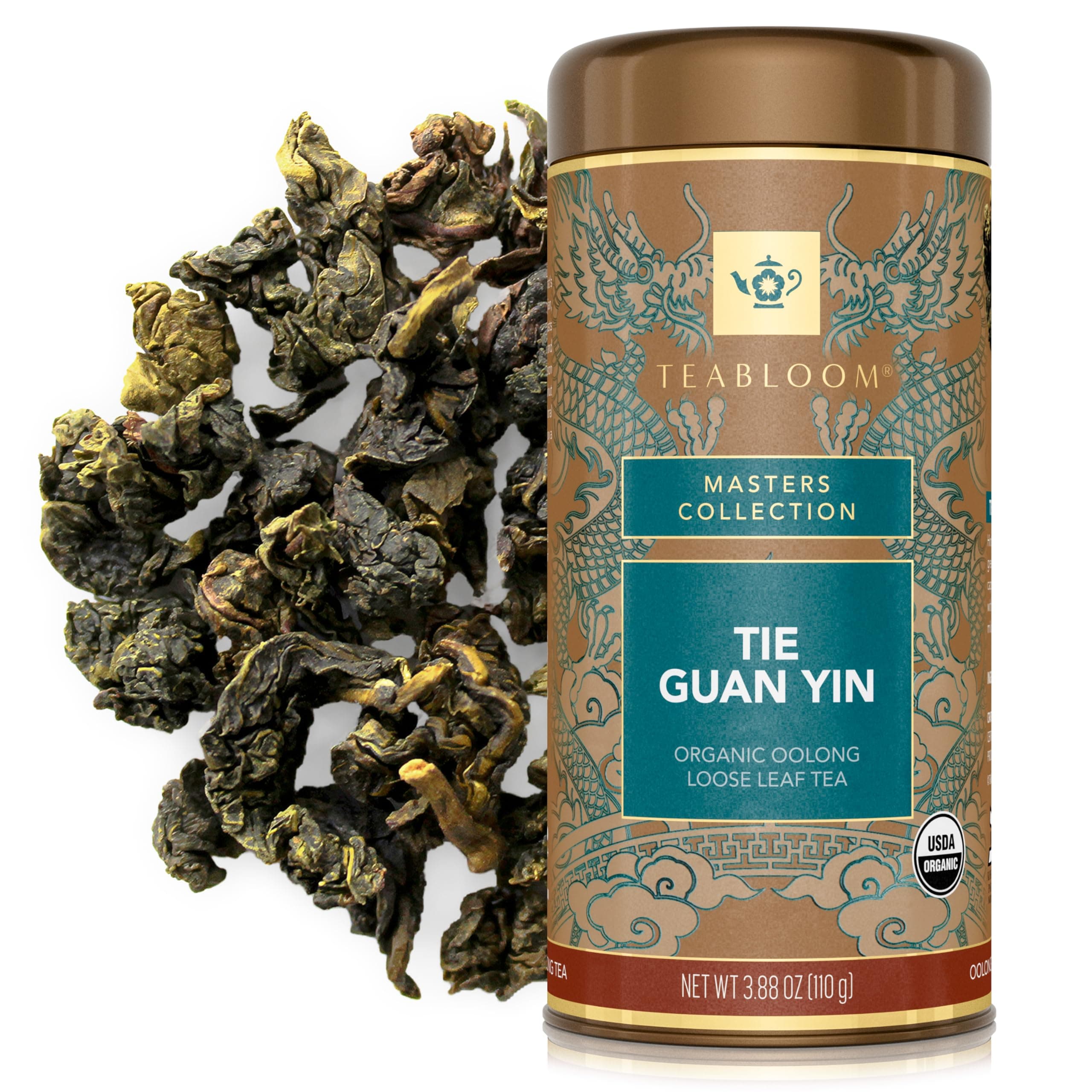 Teabloom Organic Tie Guan Yin Oolong Loose Leaf Tea, Rolled Leaves From High-Elevation Mountains, USDA Organic, Toasted Walnut and Sweet Orchid Notes, 3.88 oz/110 g Canister Makes 35-50 Cups