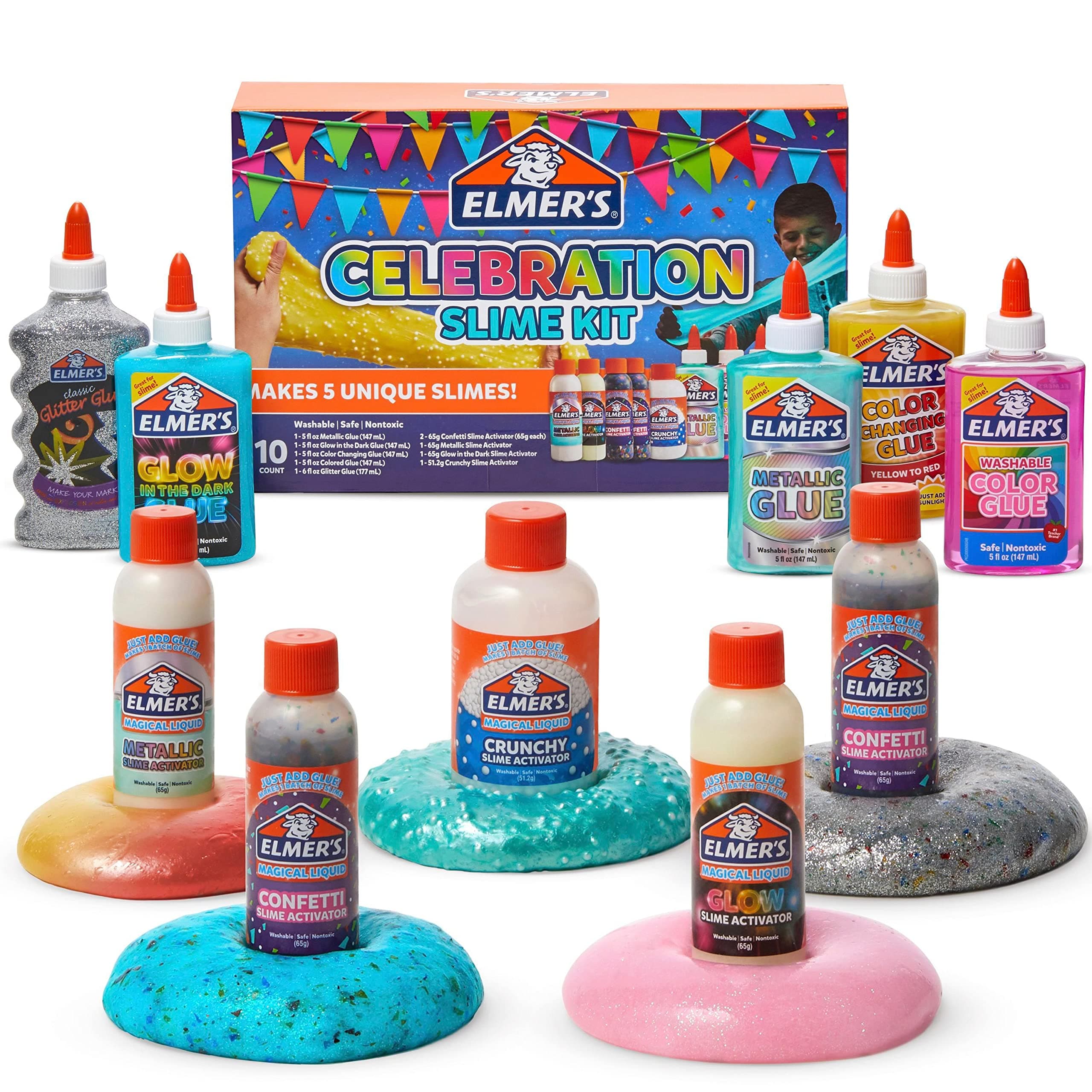 Elmer's Celebration Slime Kit, Complete Slime Supplies with Assorted Magical Liquid Slime Activators and Assorted Liquid Glues, 10 Count - Perfect for Parties, Gift, Activity Time