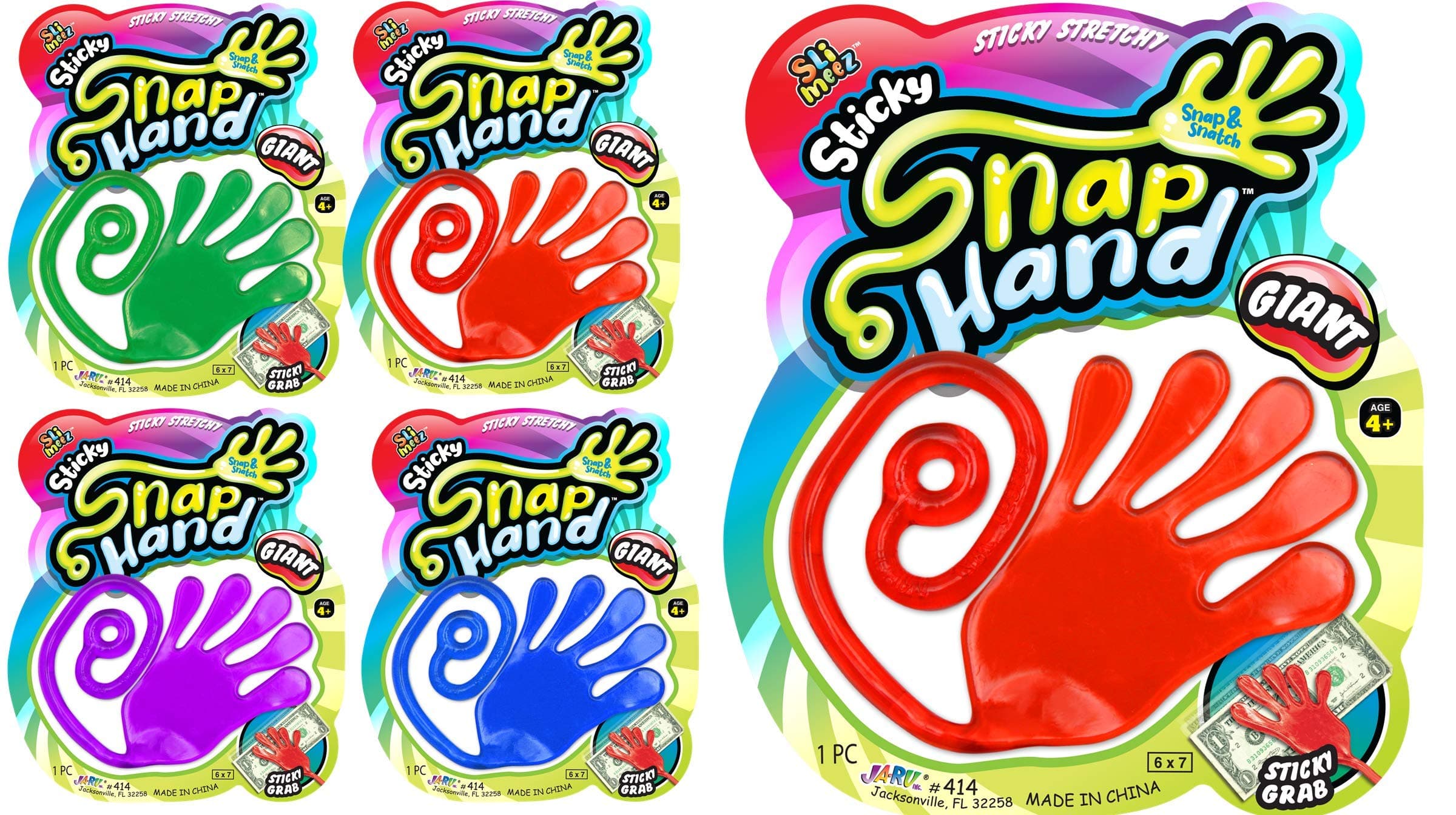 Giant Snap Hand-Jumbo Sticky Hands Toy (4 Pack Assorted) Large Stretchy Toy for Kids. Party Favors, Classroom Prizes, Birthday Gifts Easter Day Goodie Bags Stuffers Bulk. 414-4s