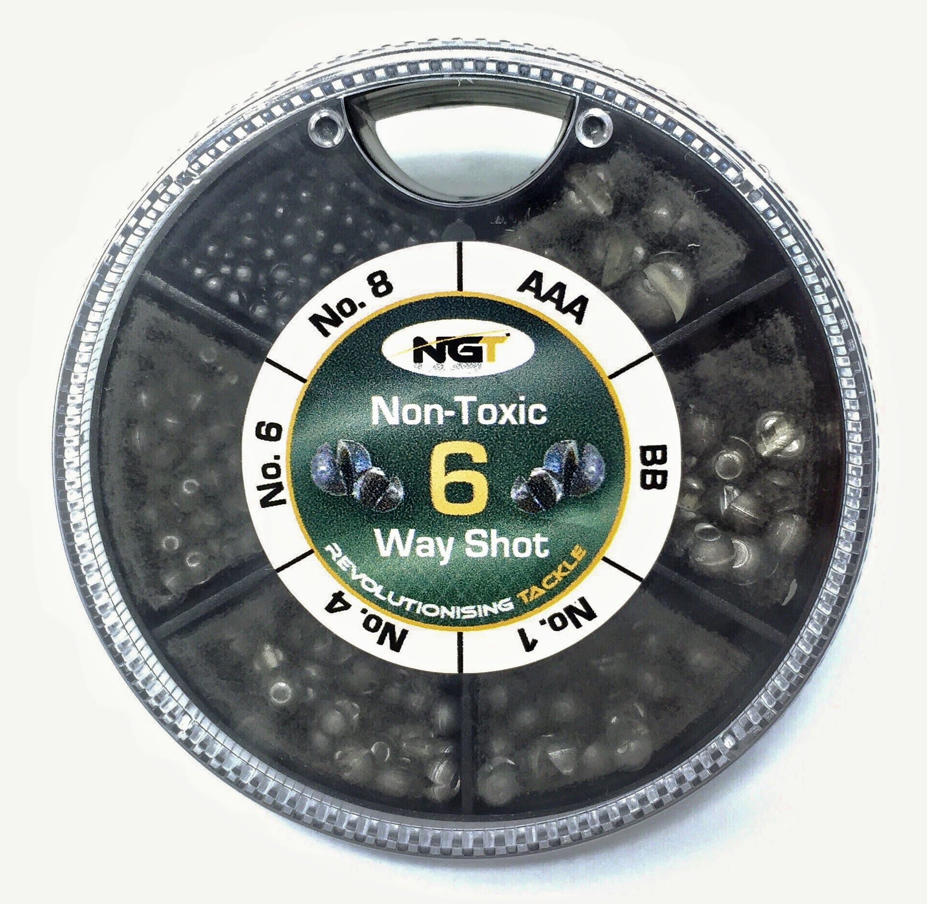 NGT 6 Way Non Toxic Shot 6 way non toxic split shot includes No 1, No 4, No 6, No 8, BB and AAA sizes