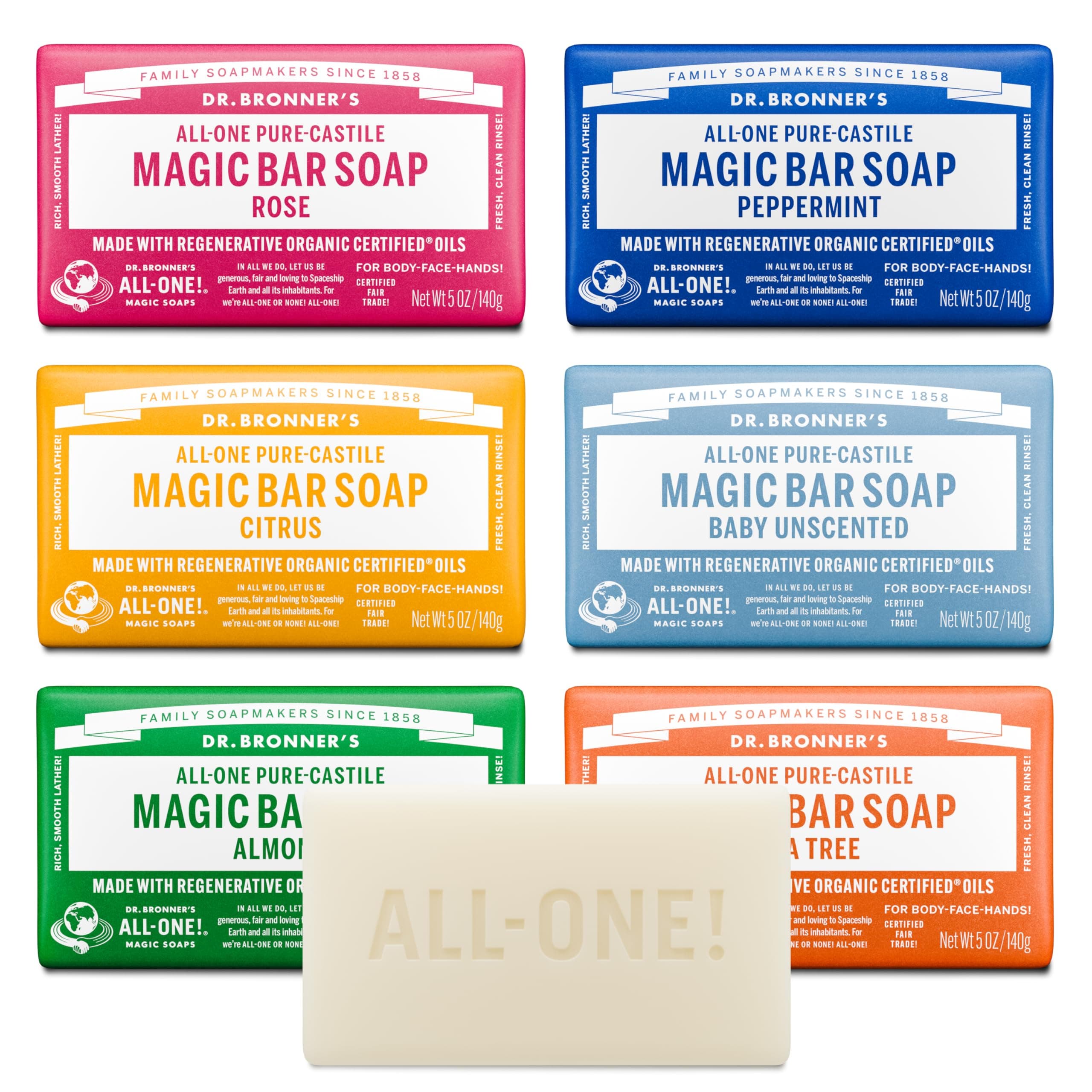 - Pure-Castile Magic Bar Soaps (5 Ounce Variety Gift Pack) Almond, Unscented, Lavender, Peppermint, Citrus, Rose - Made with Regenerative Organic Certified Oils, Vegan, Non-GMO