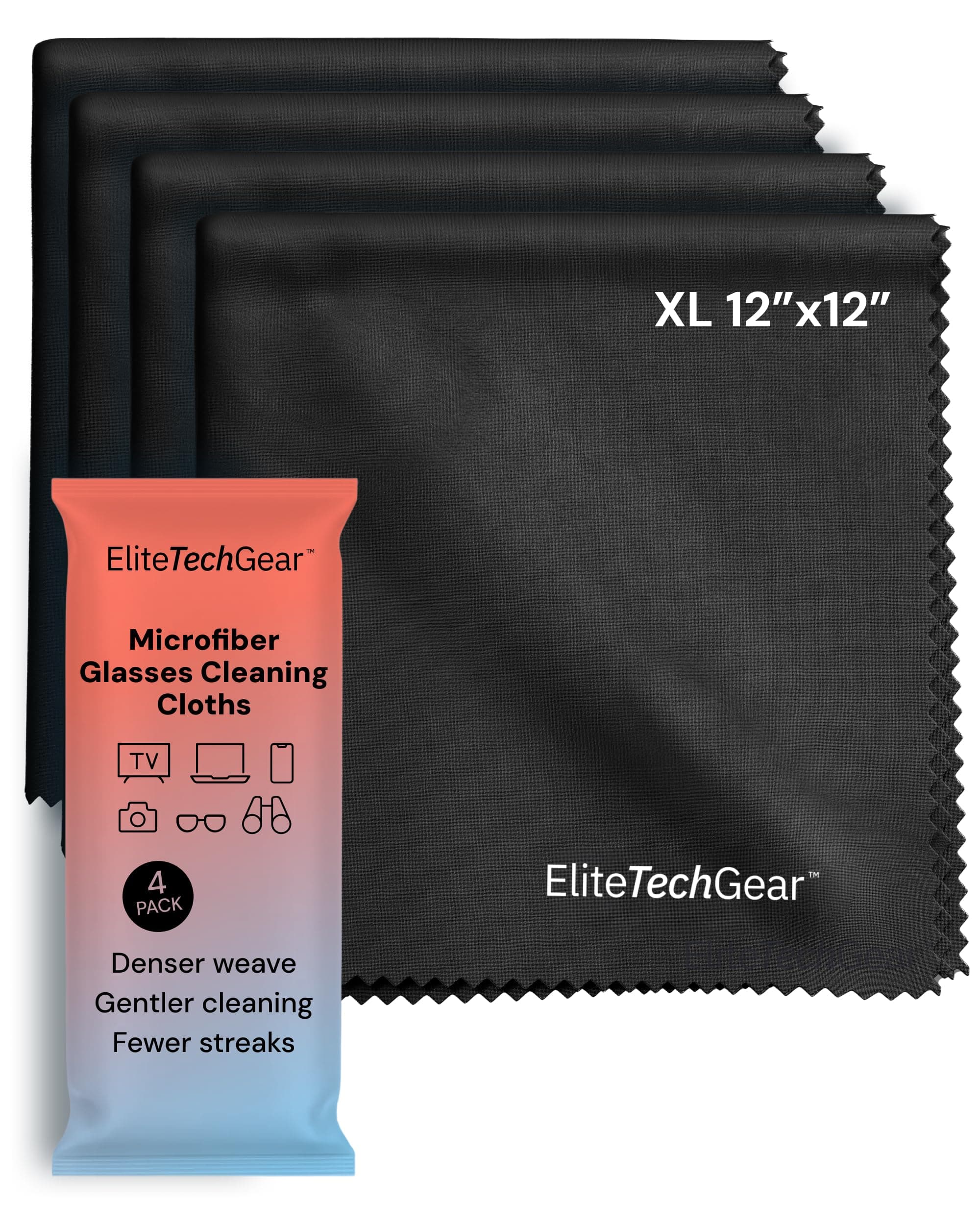 Elite Screens Oversized Microfiber Eye Glass Clean Cloths - 12" x 12", 4-Pack, Black - Streak-Free Lens Wipes - Portable Eye Glasses Cleaner Wipes