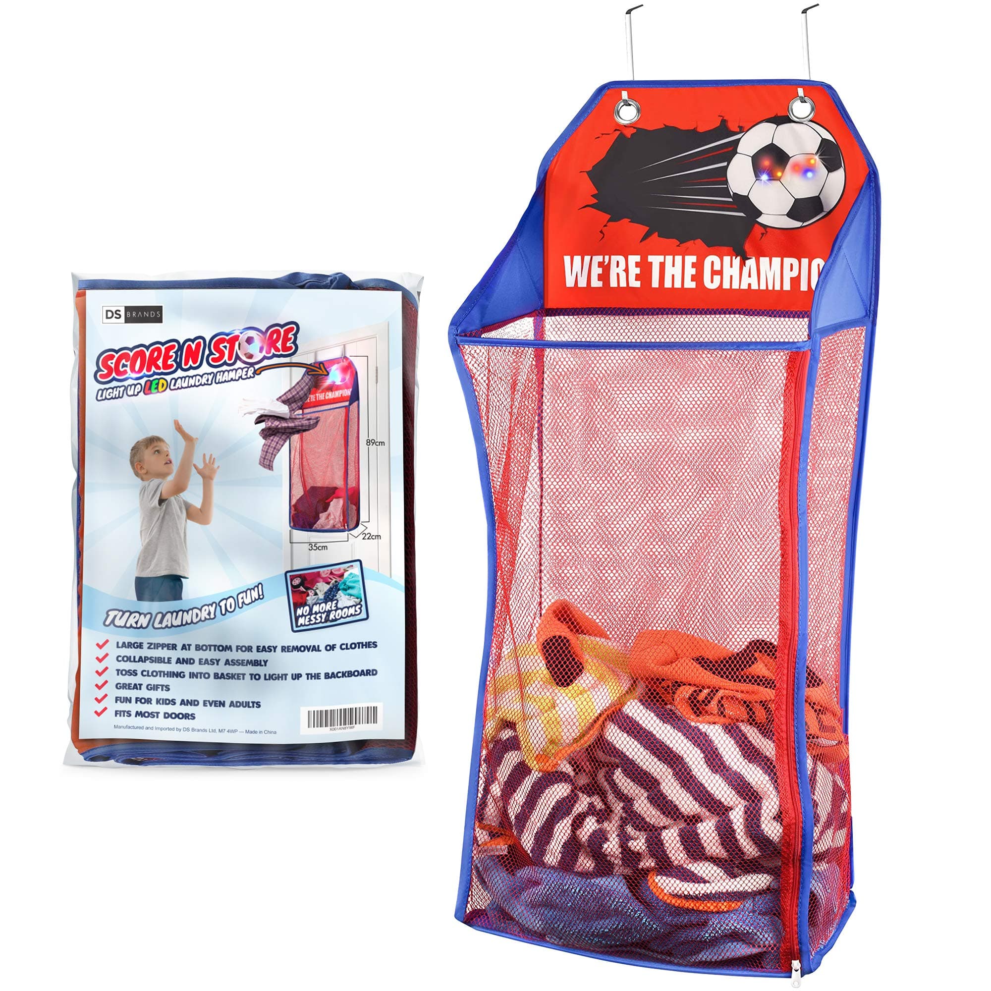 DS Brands Kids Laundry Basket Storage Bin For Bedroom| Over Door Collapsible Light Up LED Basketball Washing Baskets Hamper Hoop For Children- Stocking Fillers Kids Boys Room Decor Gifts Accessories