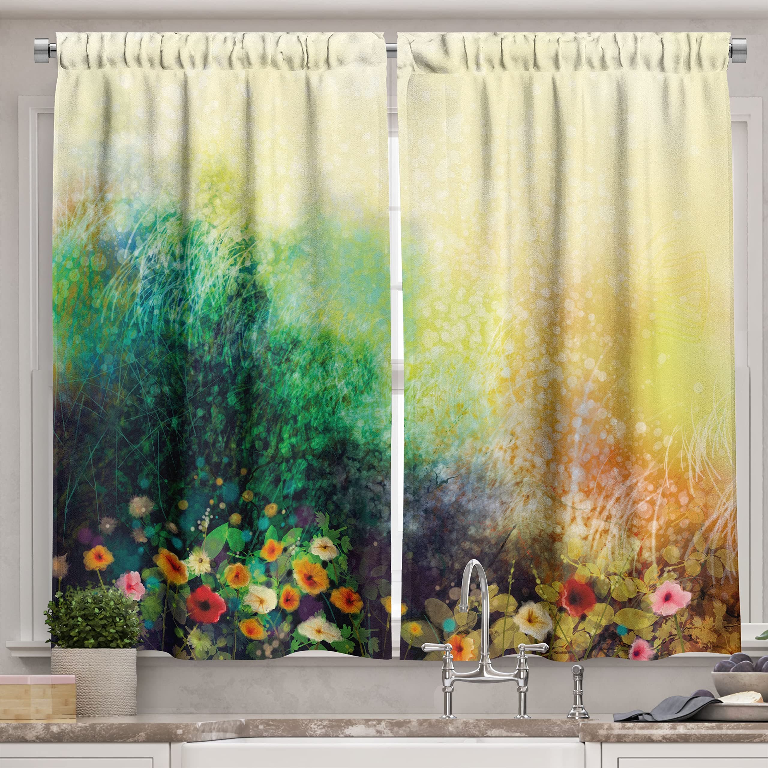 Ambesonne Flower Long Kitchen Curtains, Vibrant Colored Flower Bed on Valley in Fall Season with Shady Faded Murky Print, Two Panels Drapes with Rod Pocket Room Decor, 55" X 45", Mustard Green