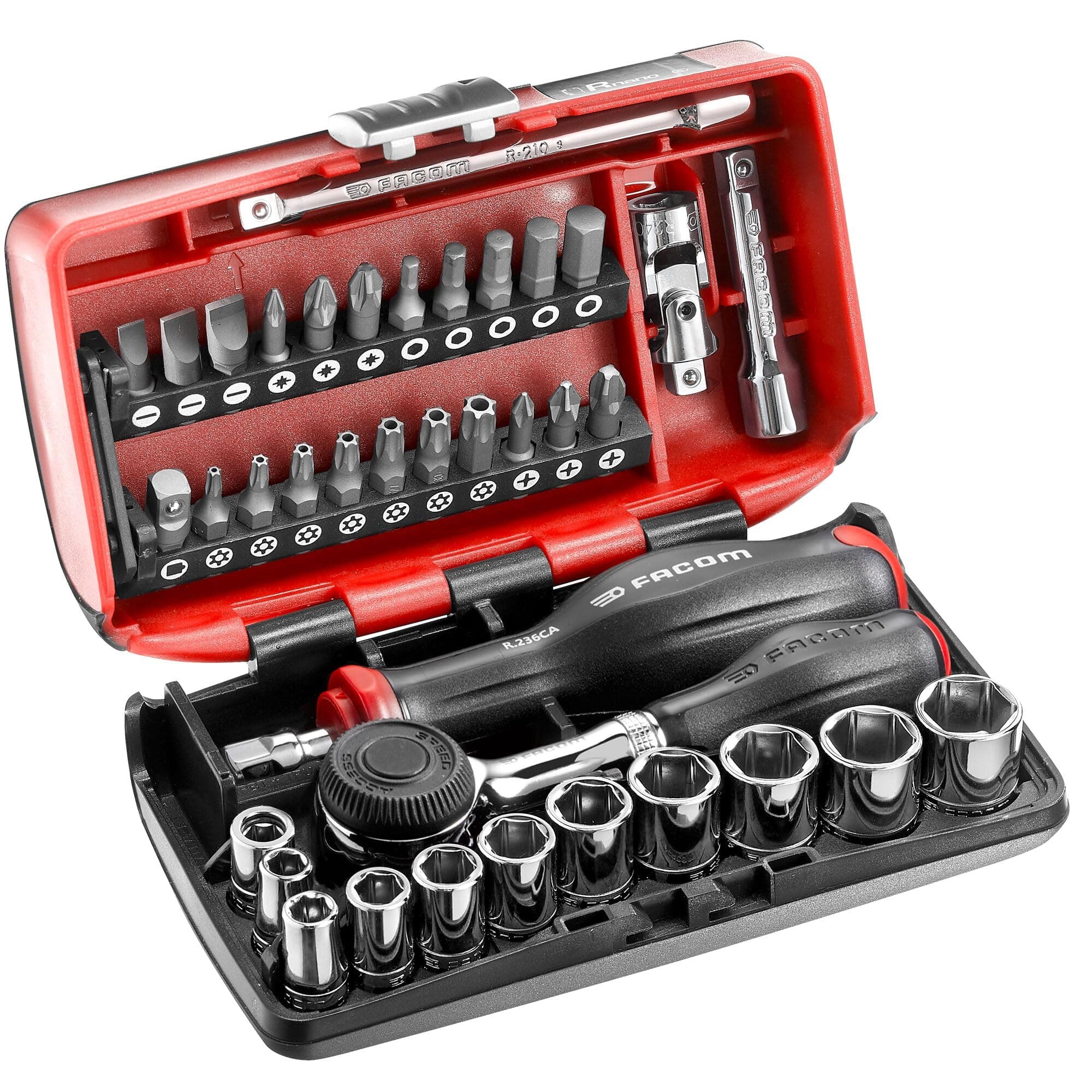 NANO 38 Piece 6-Point 1/4 Inch Metric Compact Complete Screwing and Tightening Set with R.360NANOPB Quick Action 360 Rotary Handle Ratchet, Red, 6 Point Metric