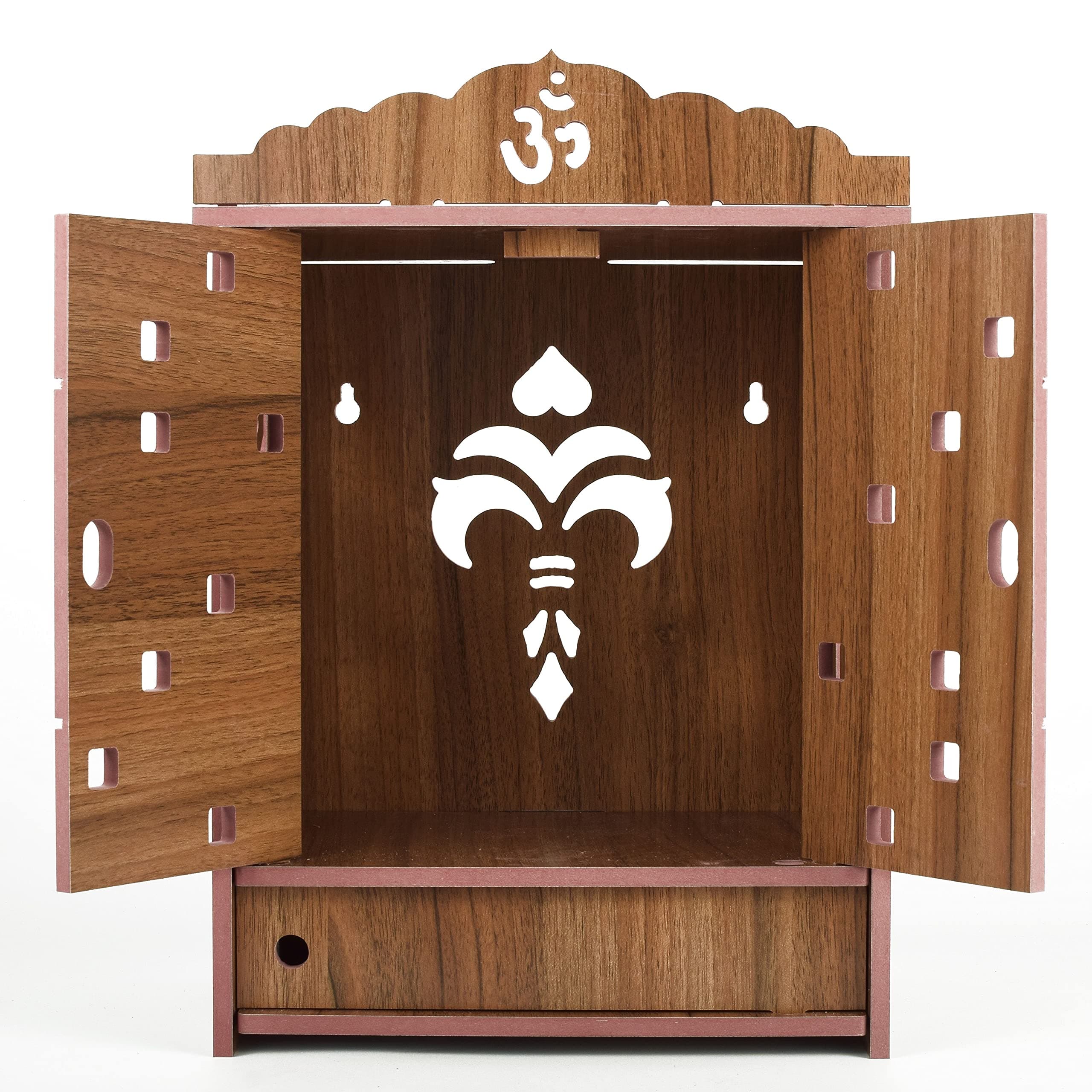 Brown Wood Home Temple With Storage Box, Wall Hanging and Table Top Mandir, Handmade, Laser Cut, Best for Decor