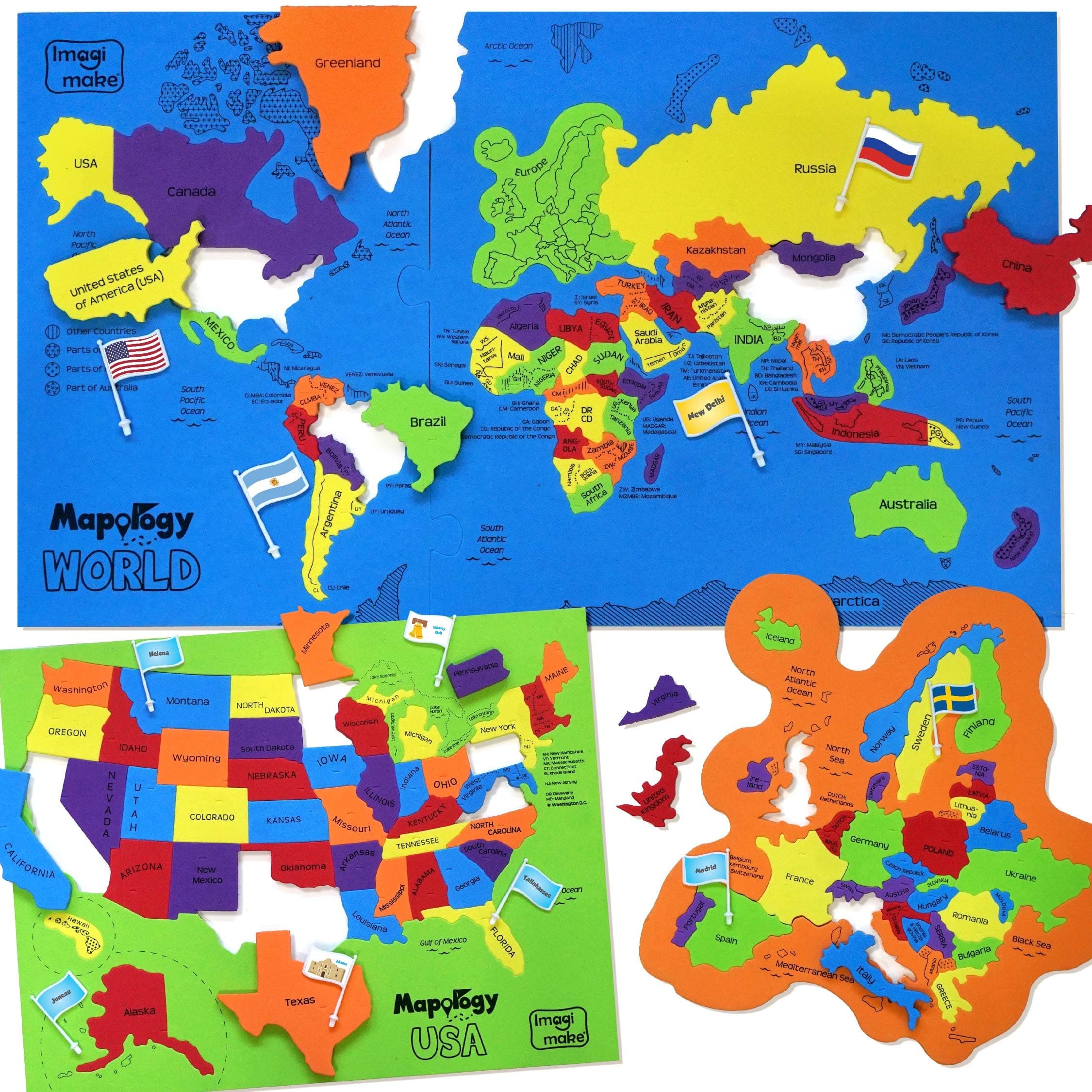 Imagimake Mapology United States & World Map Puzzle with Flags, Capitals and Stickers | Educational Toys for Kids 5-7 | Learn Geography Puzzles for Kids ages 8-12 | Easter Gifts for Kids | Easter Toys